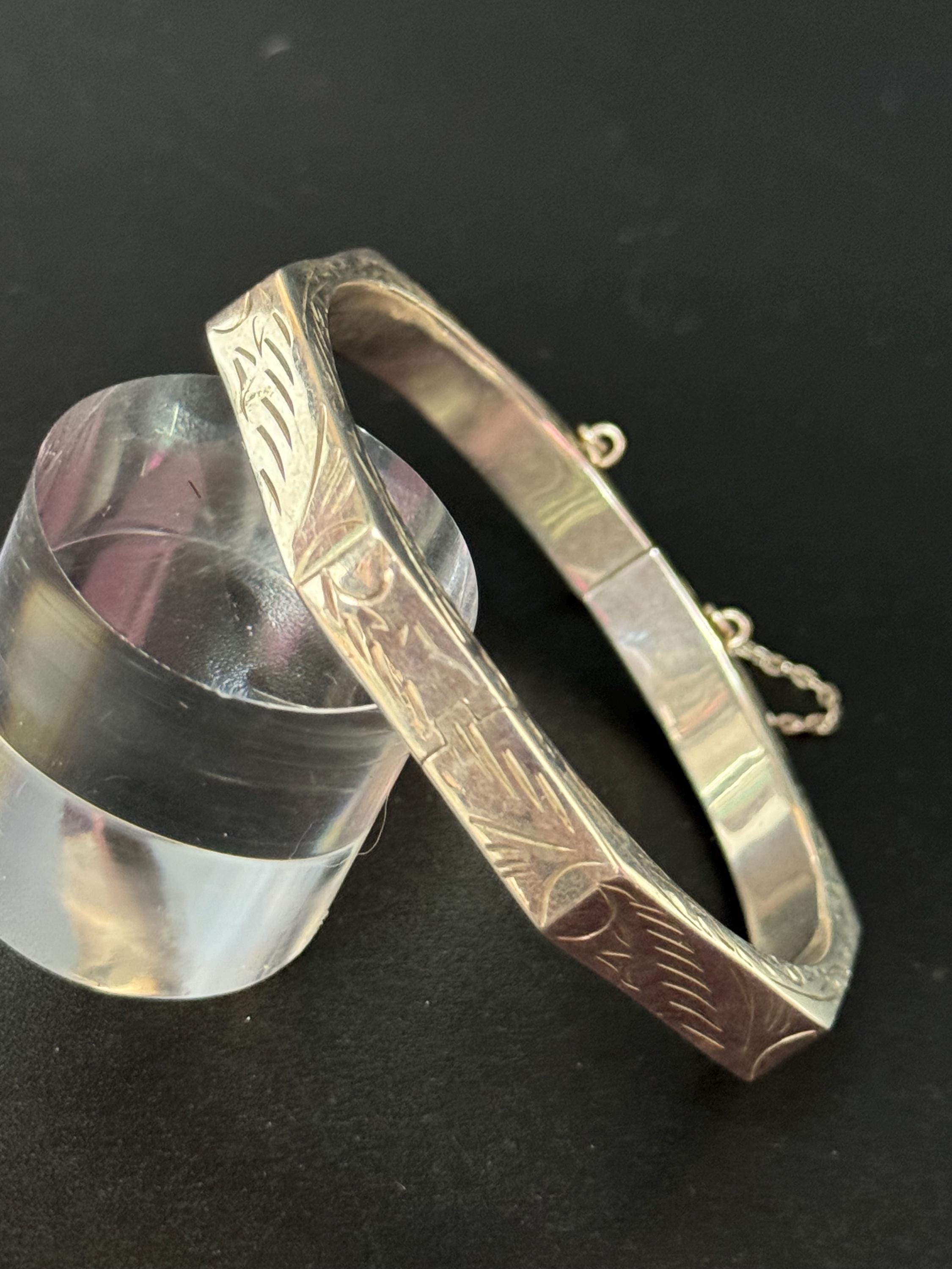 Hexagonal etched clamper bangle stamped 925 for Sterling silver floral 8mm wide 13.3grams