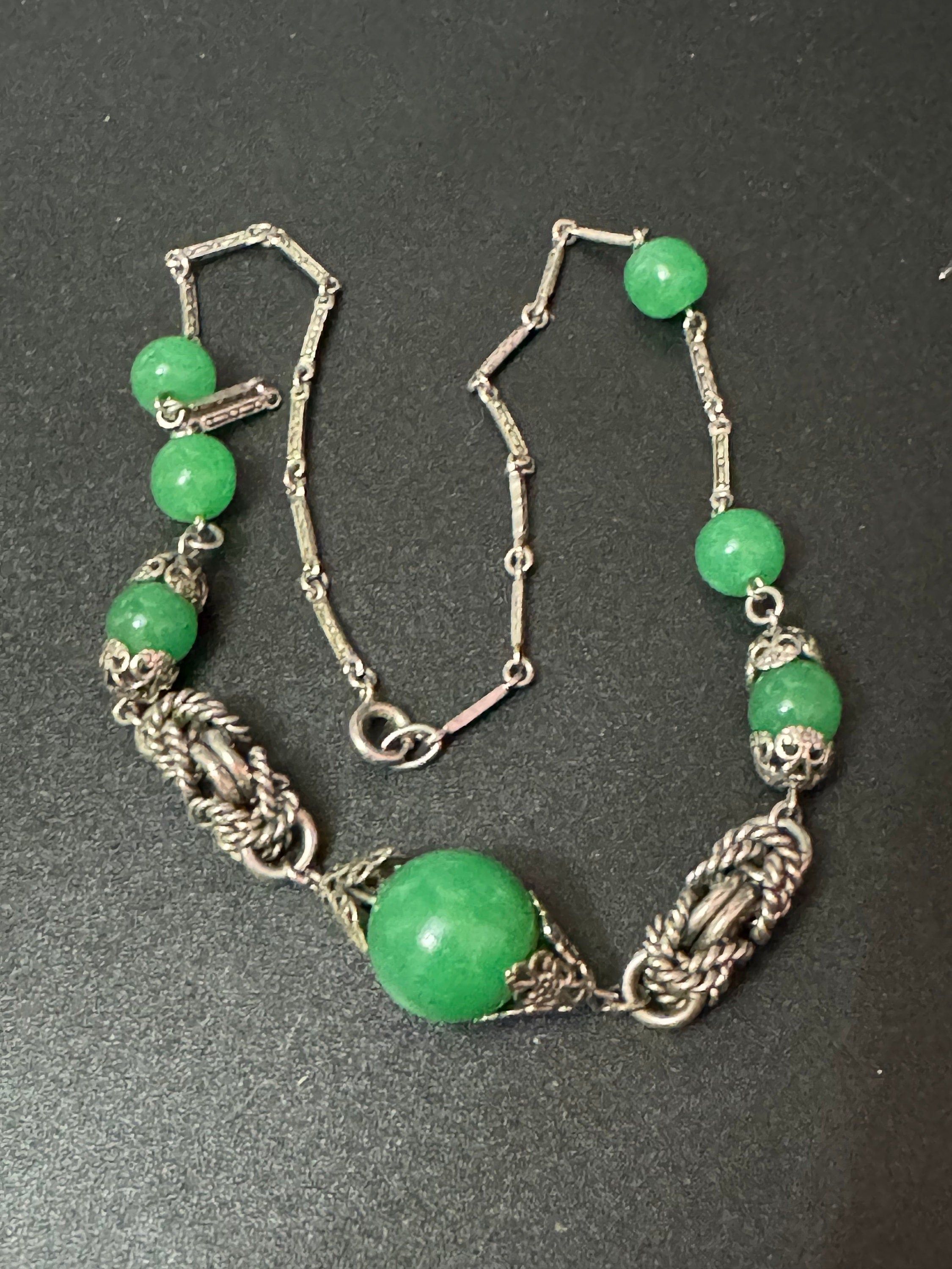 UV Reactive Art Deco czech silver tone rope twist metal filigree choker necklace uranium chrysoprase beads 43cm