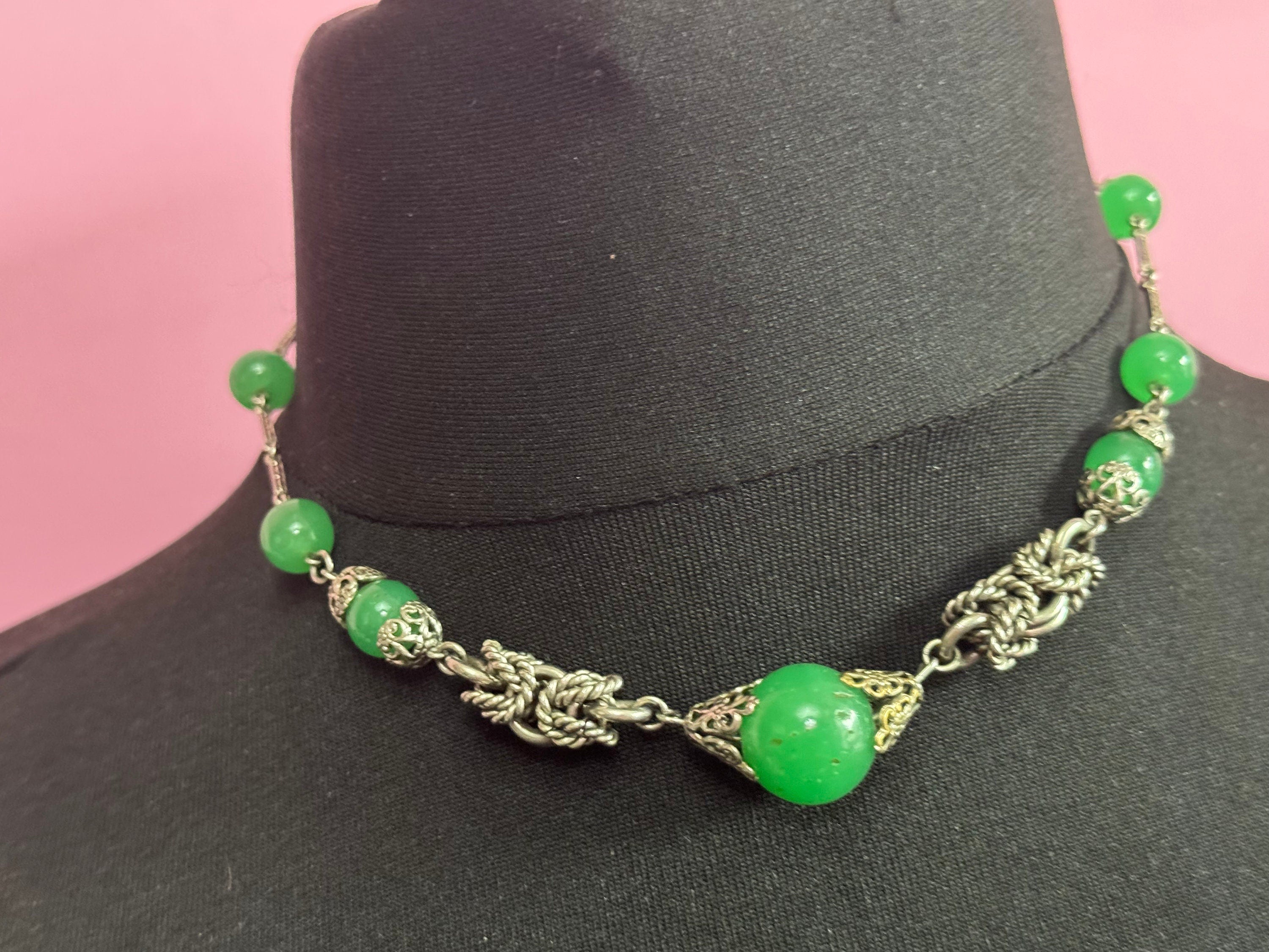 UV Reactive Art Deco czech silver tone rope twist metal filigree choker necklace uranium chrysoprase beads 43cm