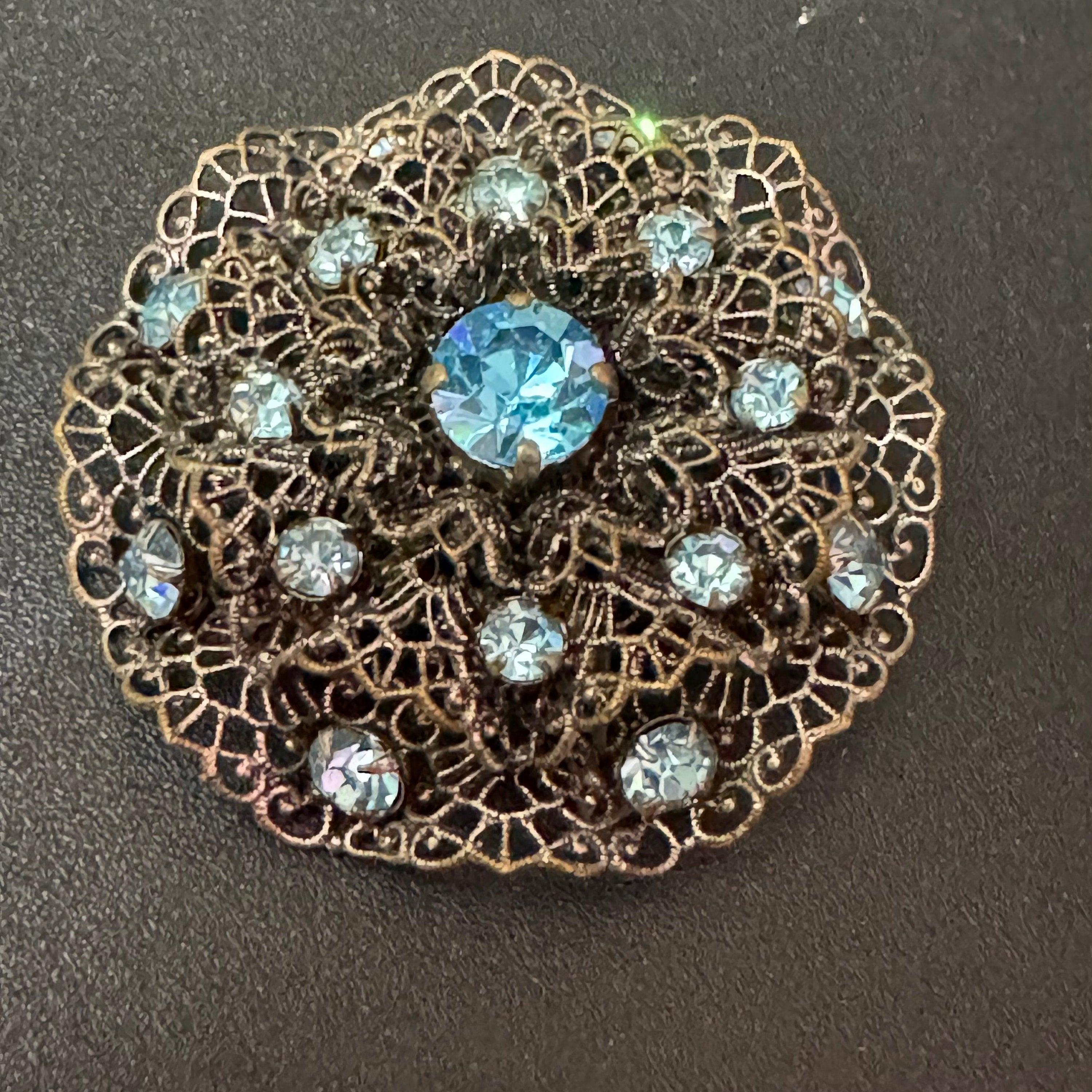 Vintage czech stamped filigree silver tone metal turquoise blue glass diamanté large brooch