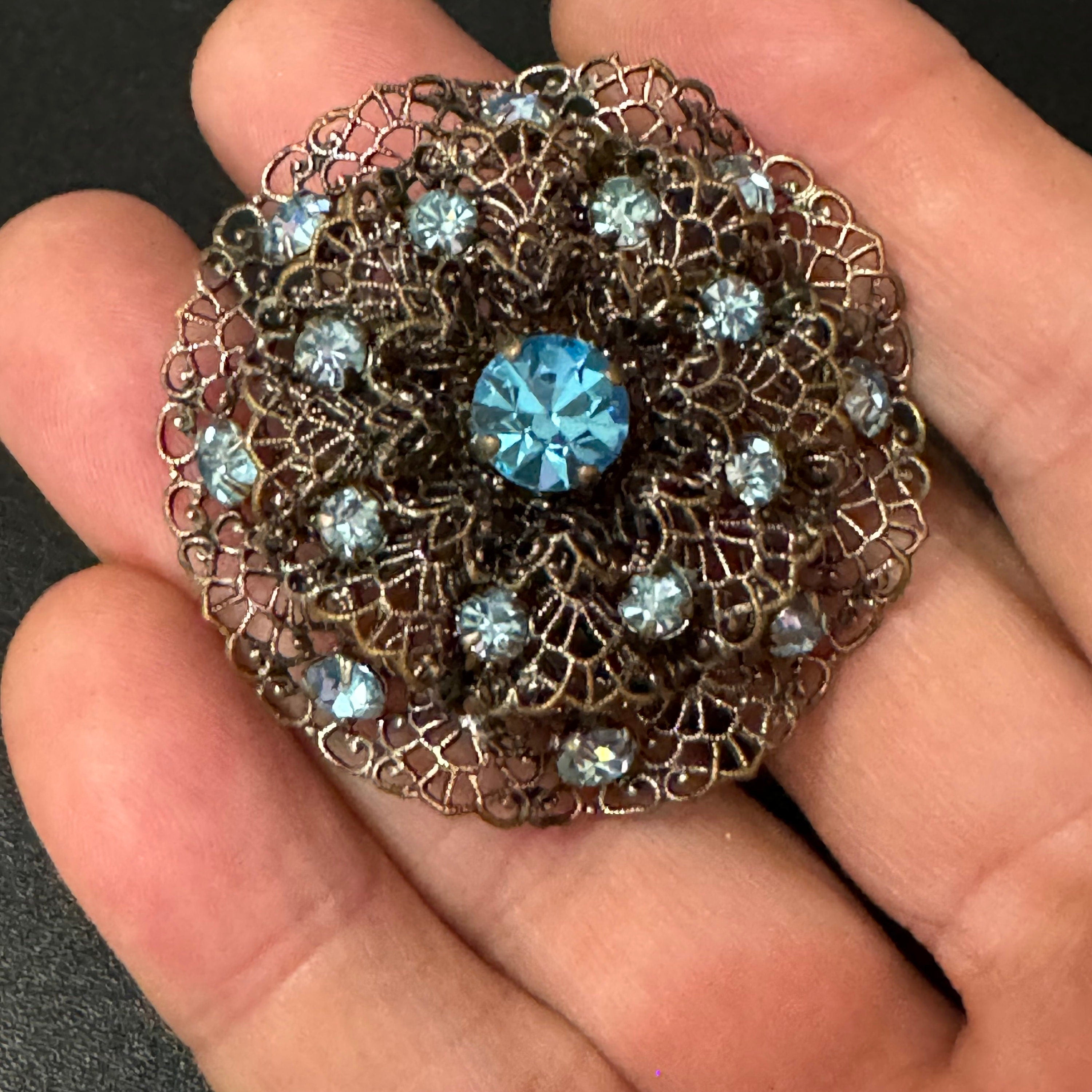 Vintage czech stamped filigree silver tone metal turquoise blue glass diamanté large brooch