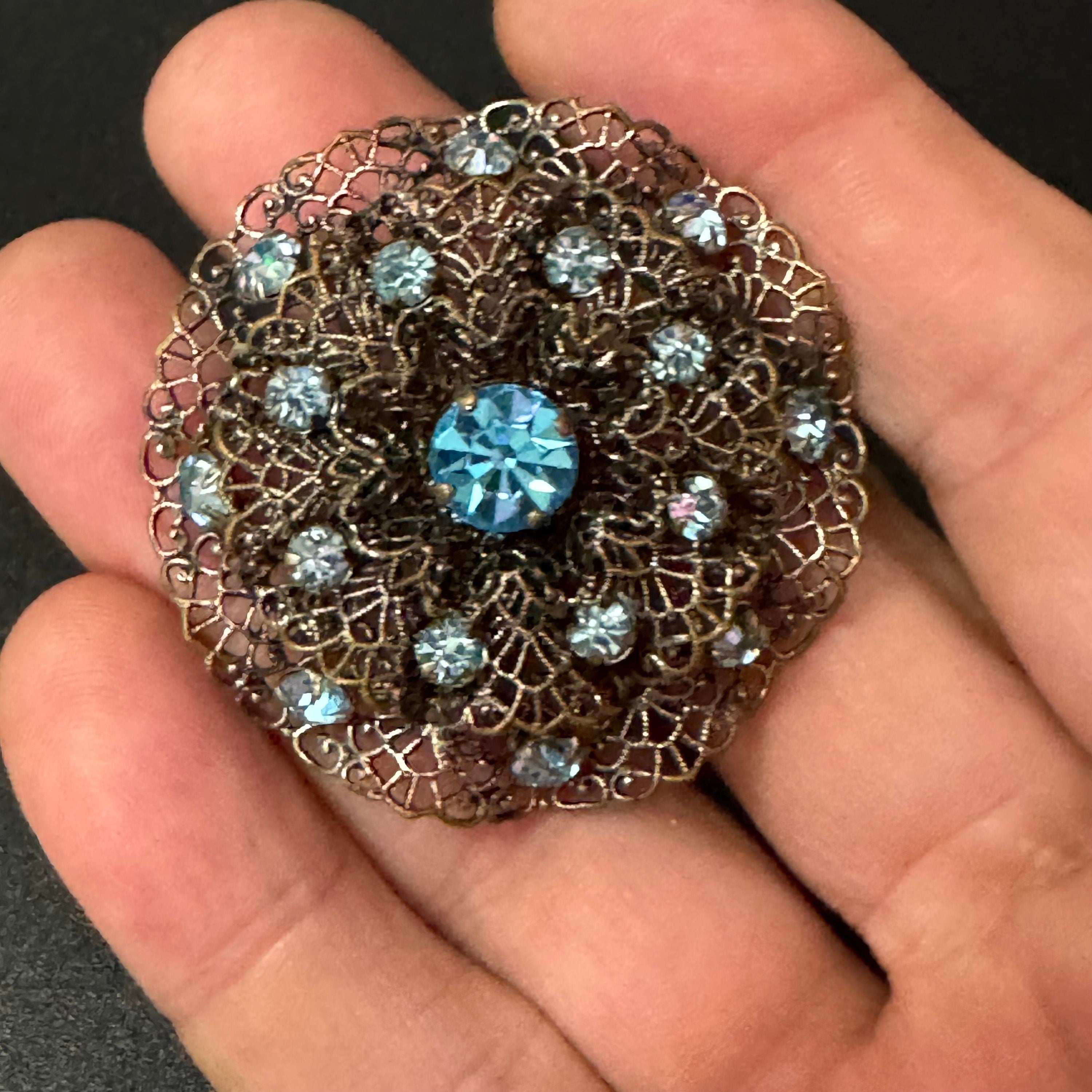 Vintage czech stamped filigree silver tone metal turquoise blue glass diamanté large brooch