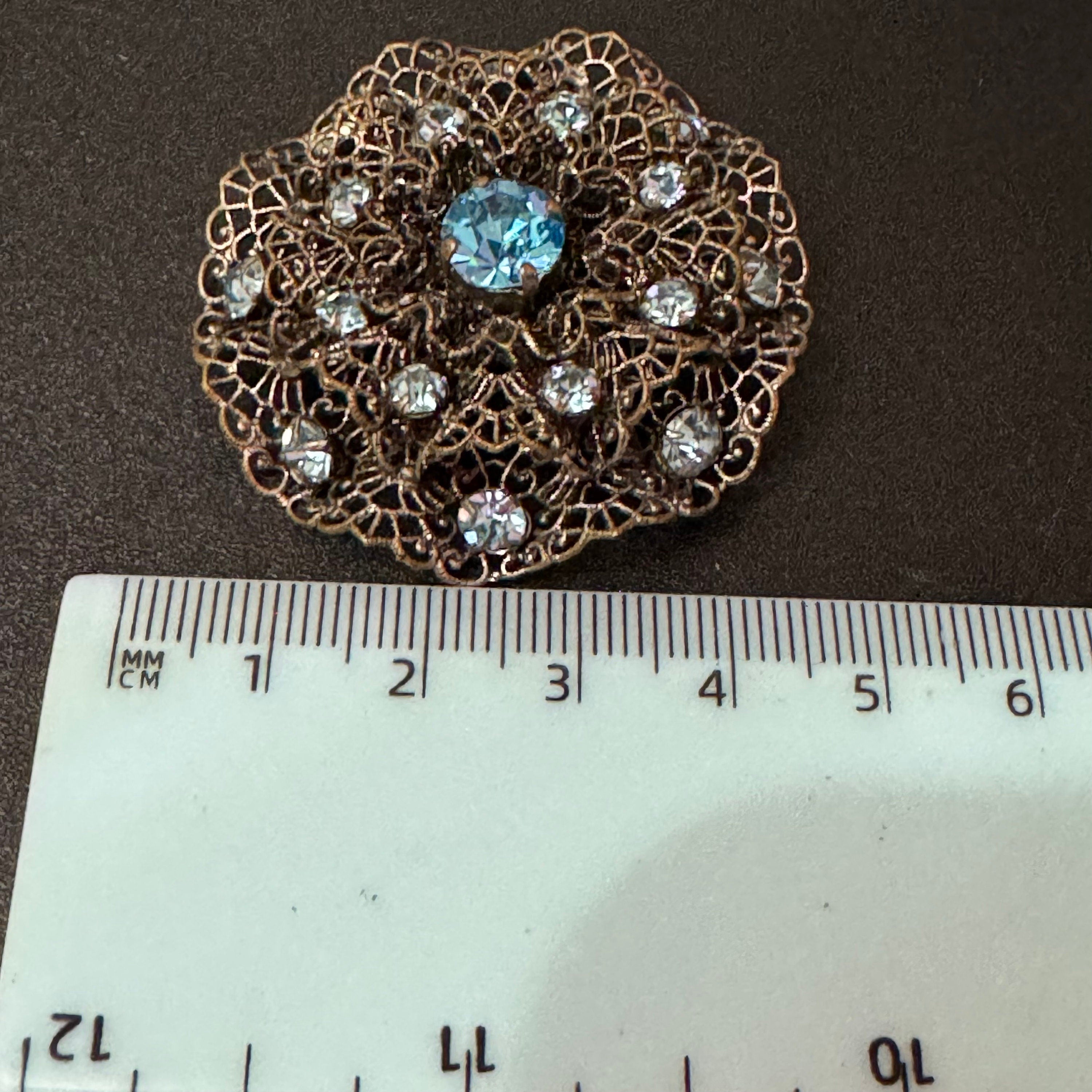 Vintage czech stamped filigree silver tone metal turquoise blue glass diamanté large brooch