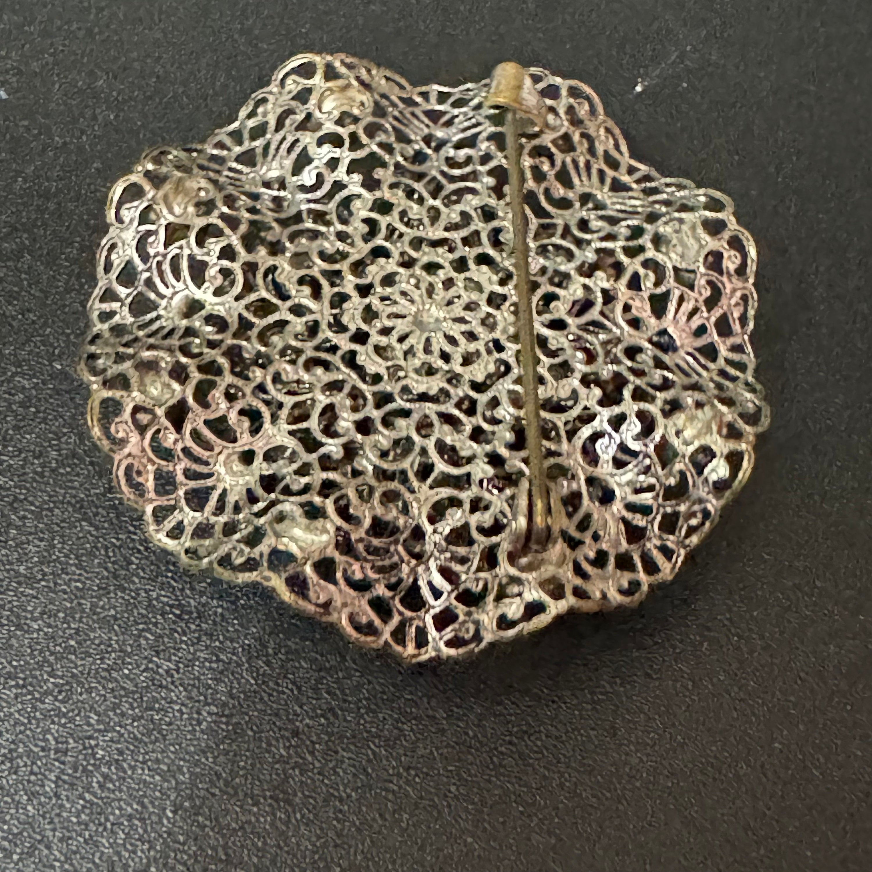 Vintage czech stamped filigree silver tone metal turquoise blue glass diamanté large brooch