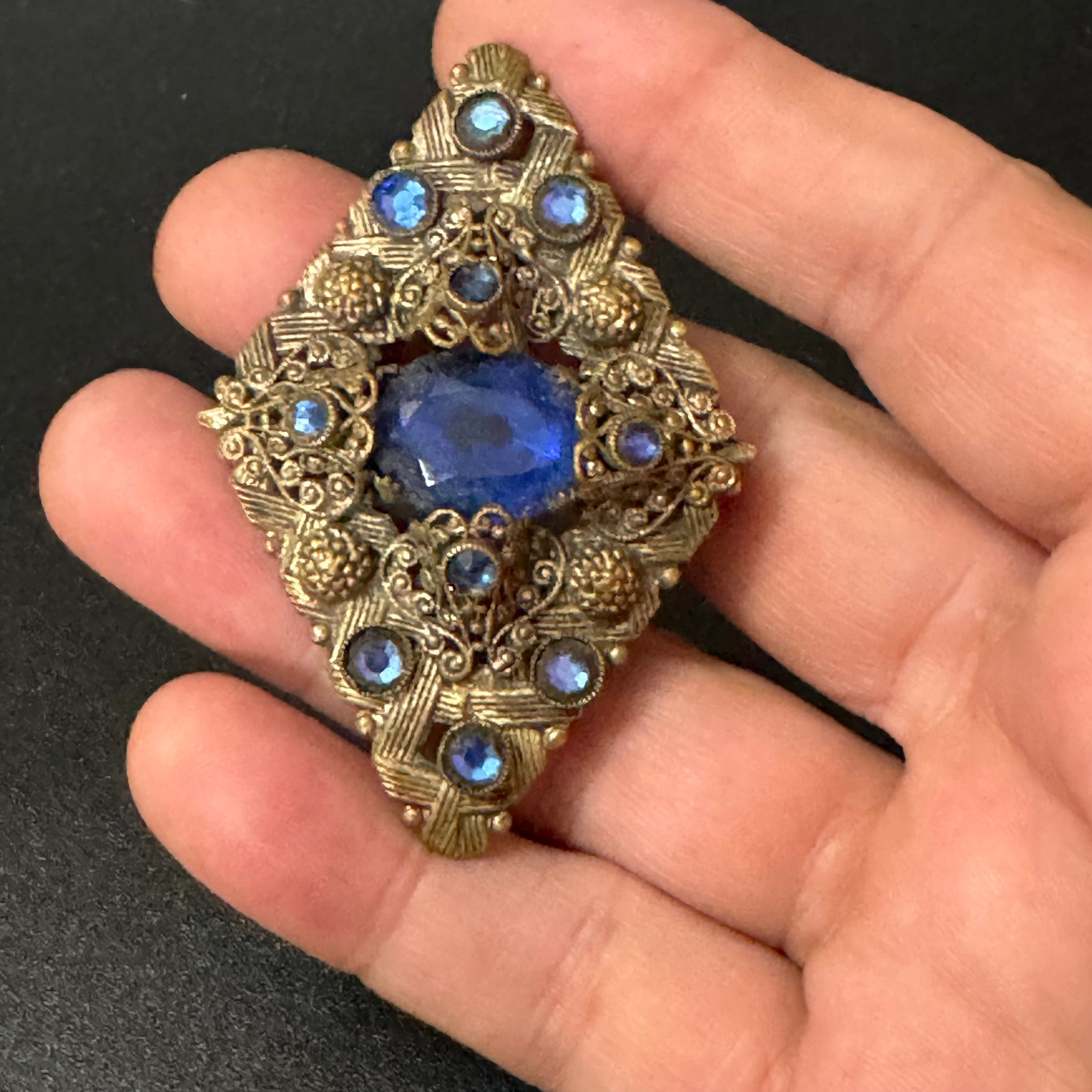 Vintage Czech Art Deco Brooch: Stamped Brass, Blue Glass Diamanté
