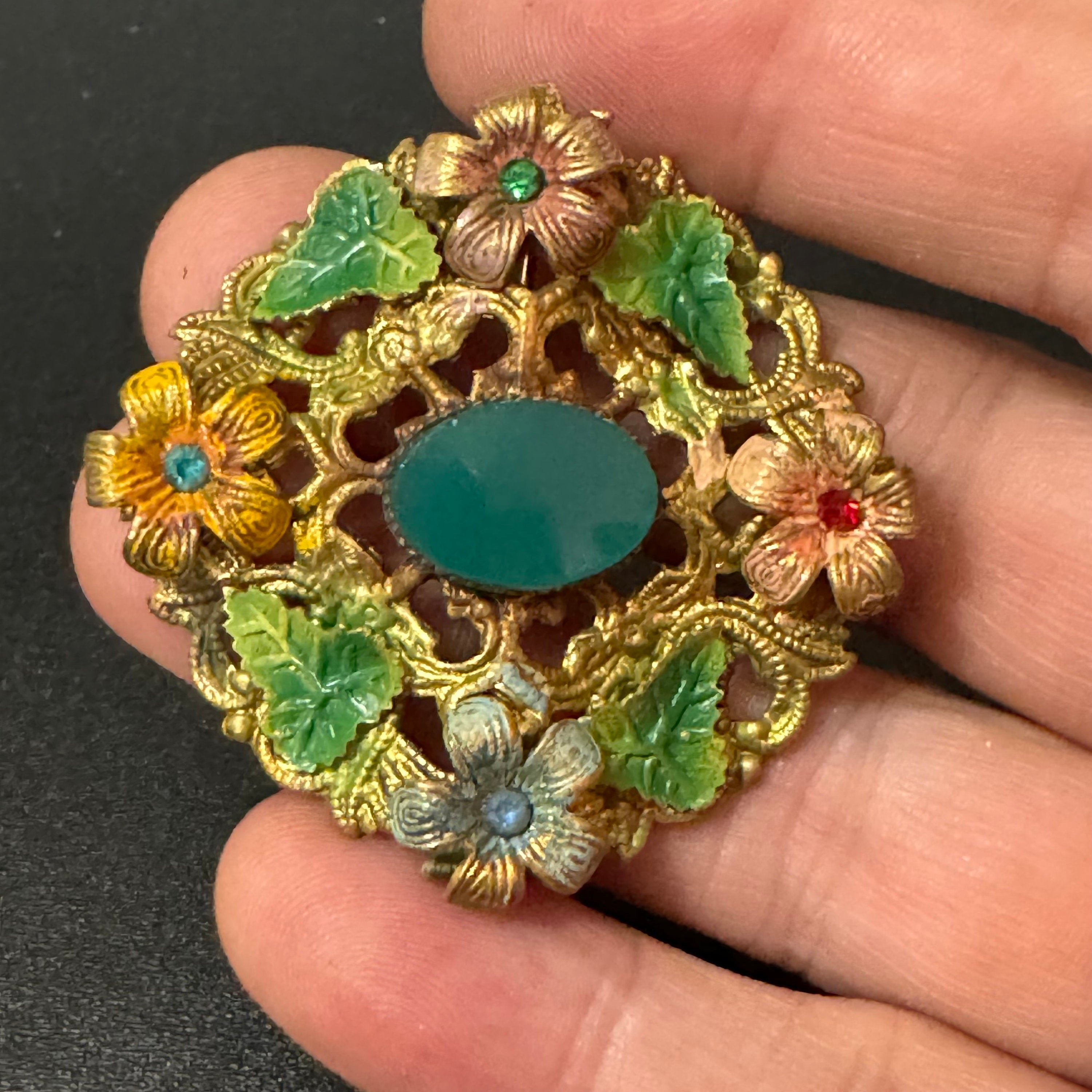 Art Deco Czech Brooch: Brass Metal Leaf, Enamel, Blue Green Cabochon