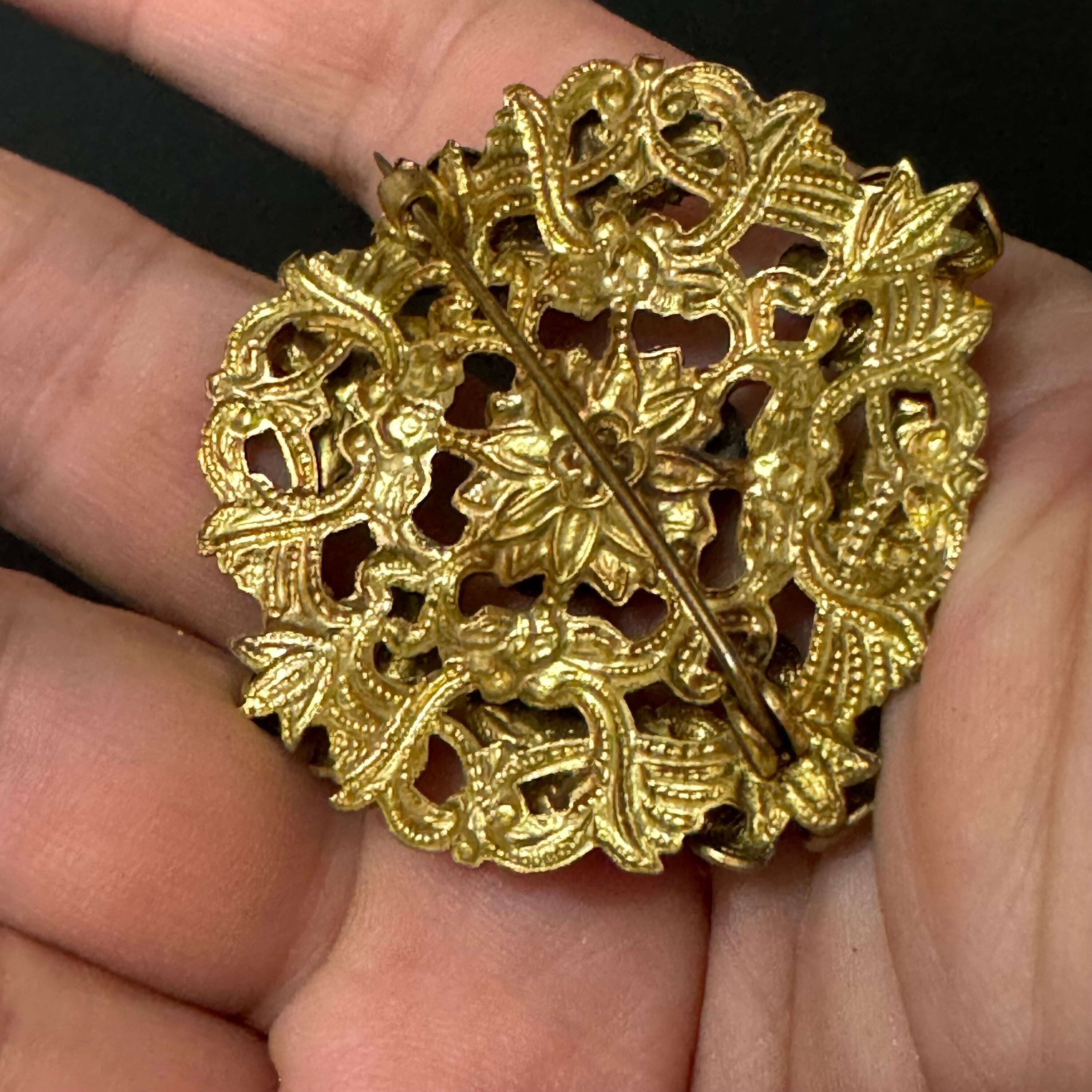 Art Deco Czech Brooch: Brass Metal Leaf, Enamel, Blue Green Cabochon