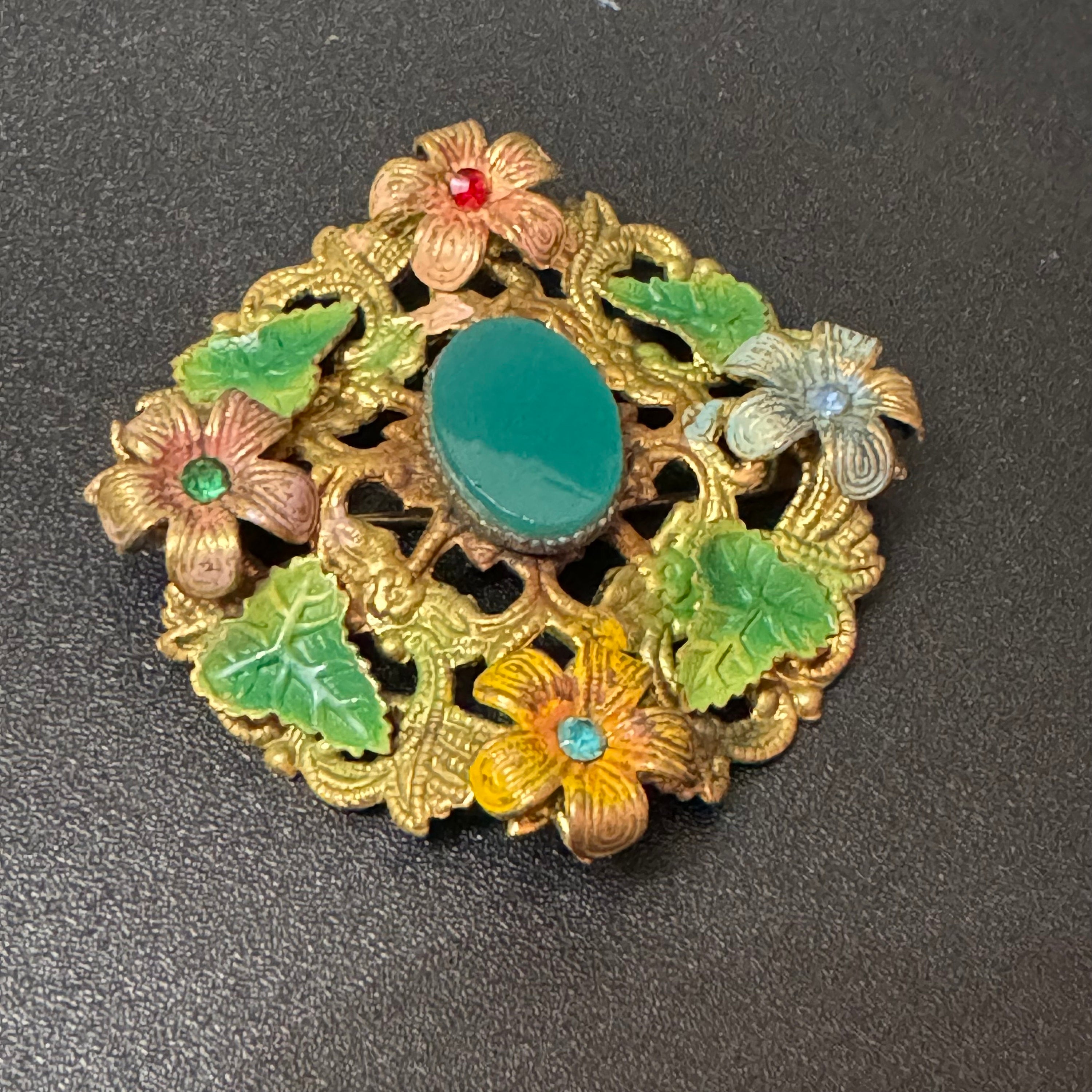 Art Deco Czech Brooch: Brass Metal Leaf, Enamel, Blue Green Cabochon