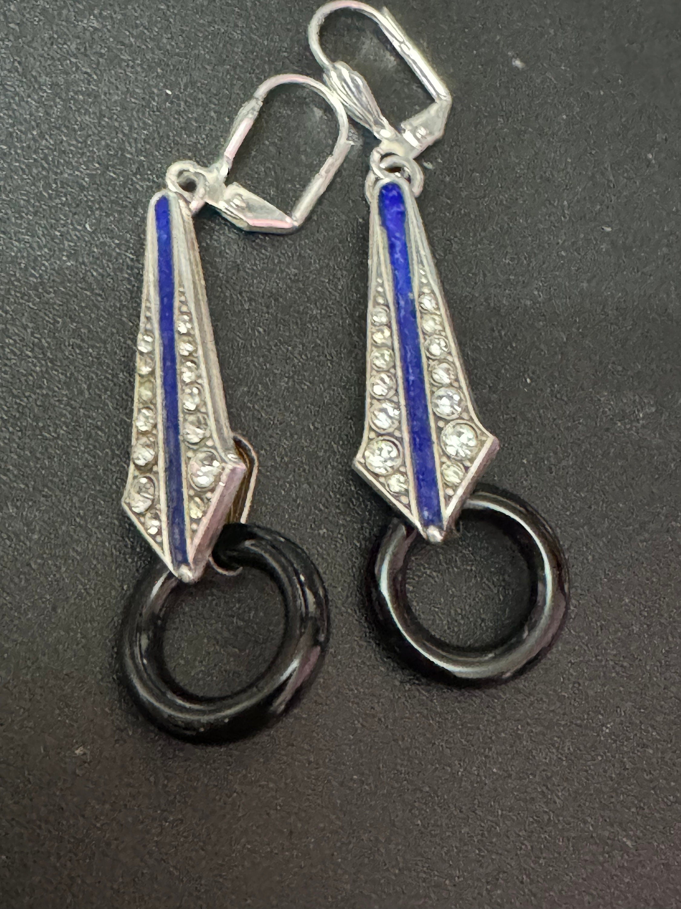 Art deco style blue enamel geometric silver plated drop earrings with onyx glass hoop pierced ears