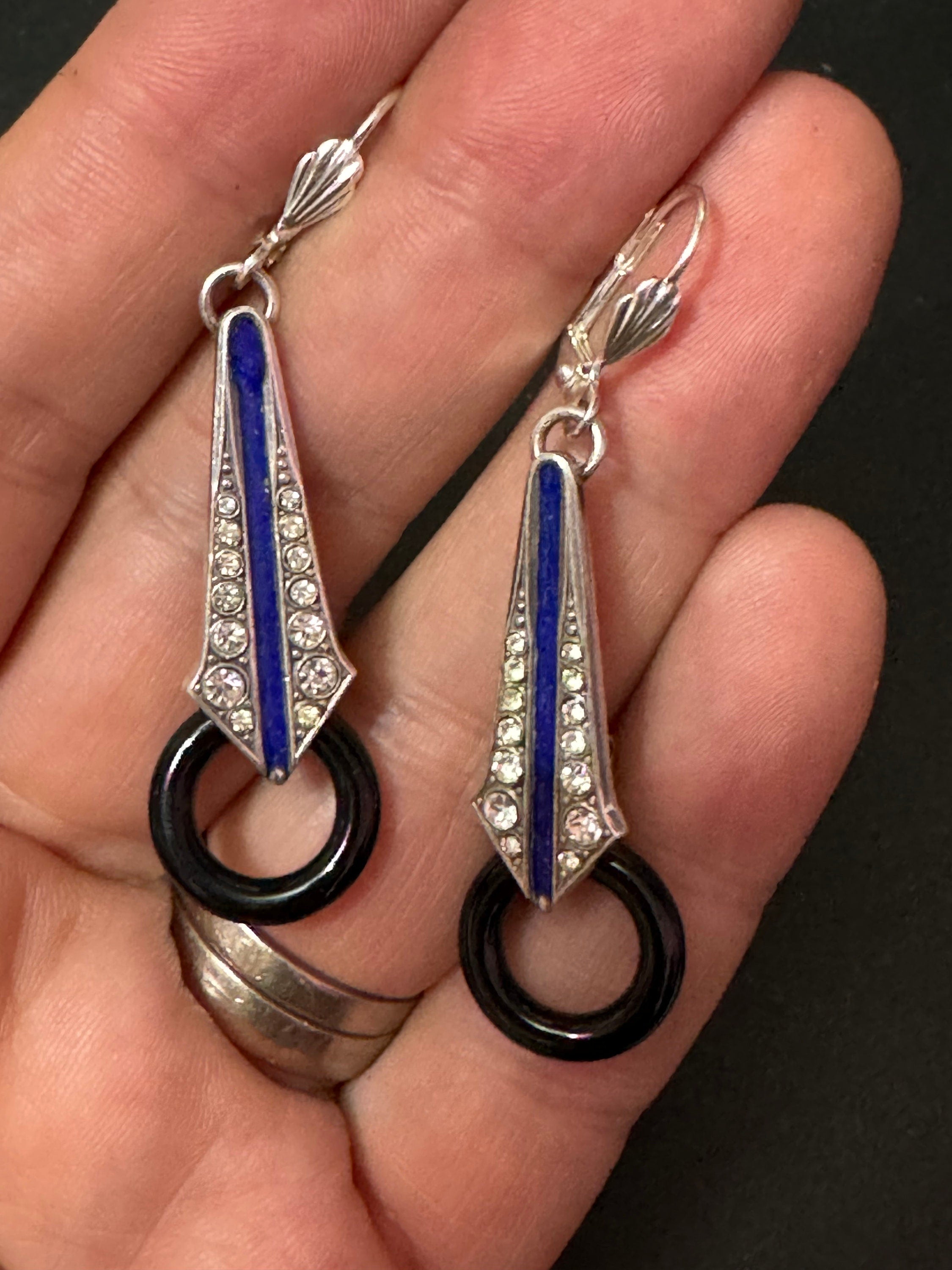 Art deco style blue enamel geometric silver plated drop earrings with onyx glass hoop pierced ears