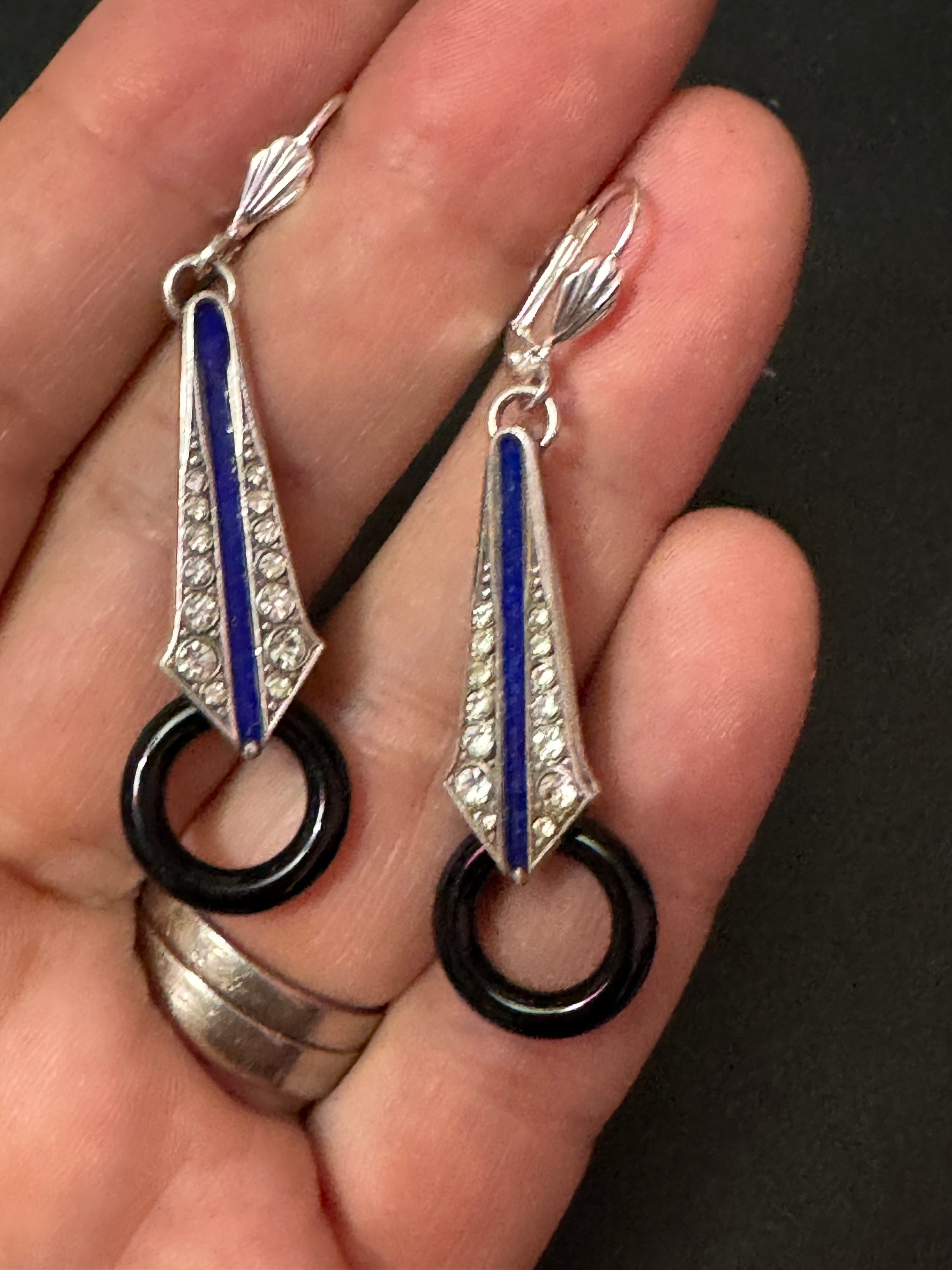 Art deco style blue enamel geometric silver plated drop earrings with onyx glass hoop pierced ears