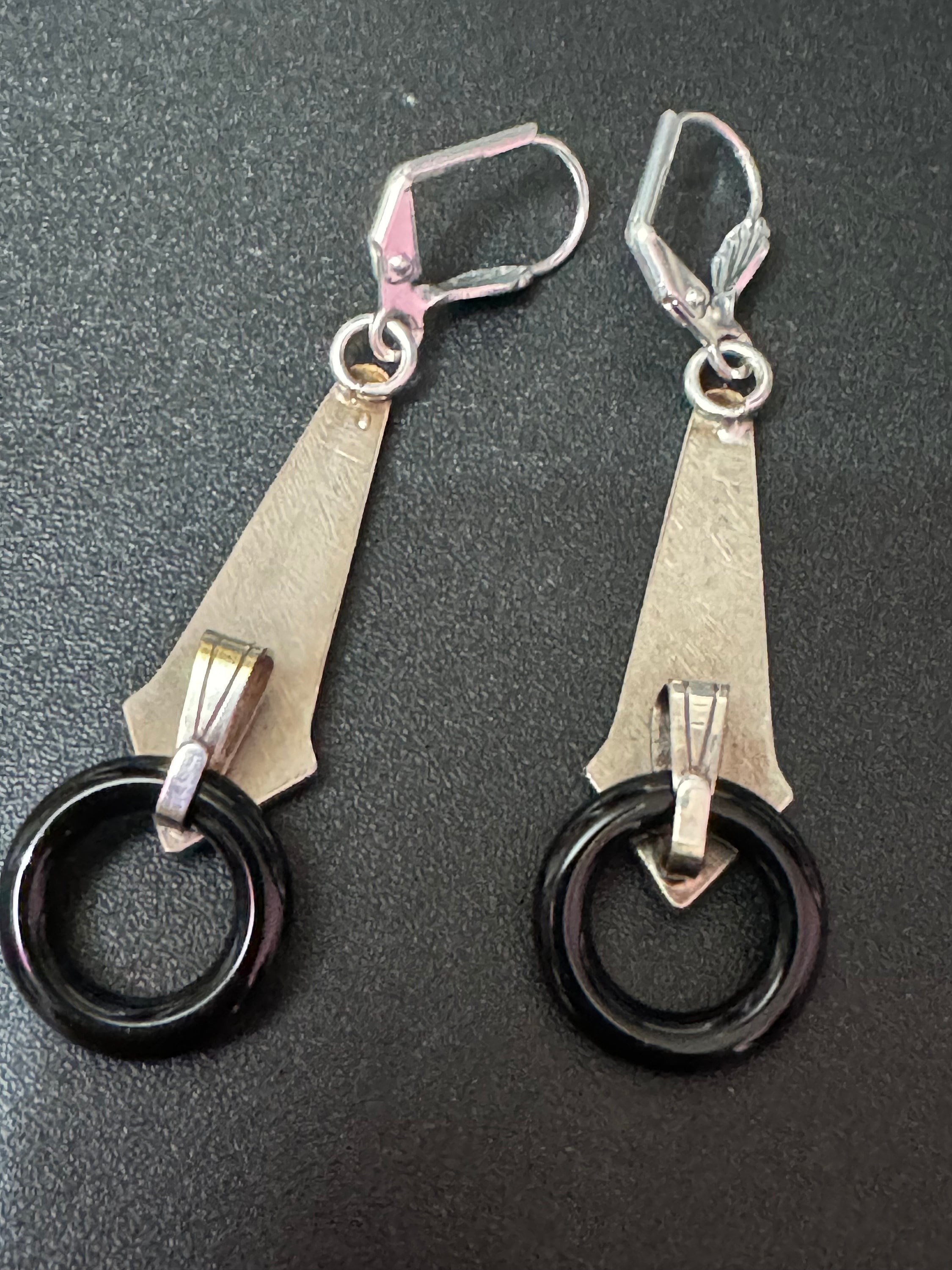 Art deco style blue enamel geometric silver plated drop earrings with onyx glass hoop pierced ears