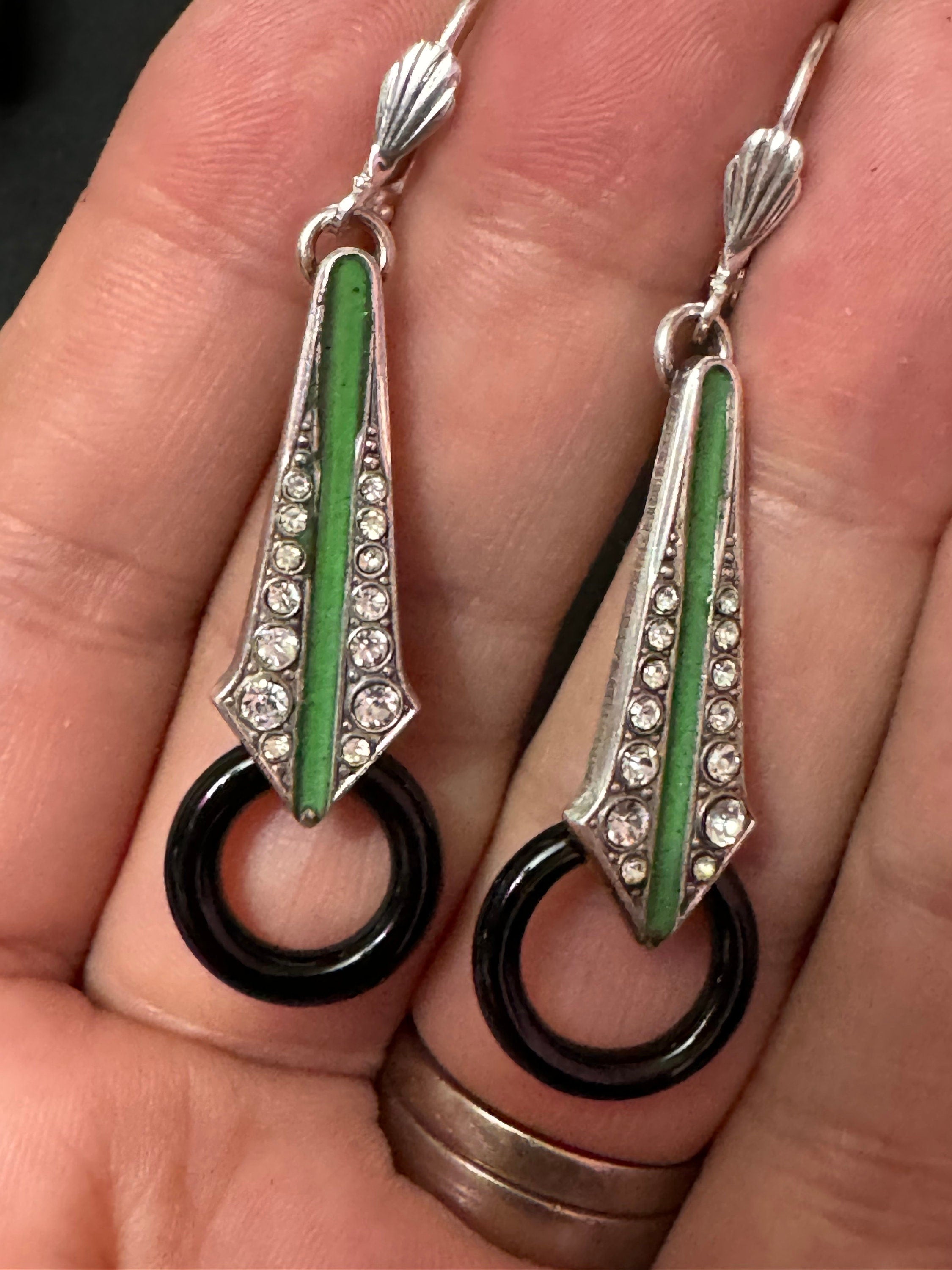 Art deco style green enamel geometric silver plated drop earrings with onyx glass hoop pierced ears