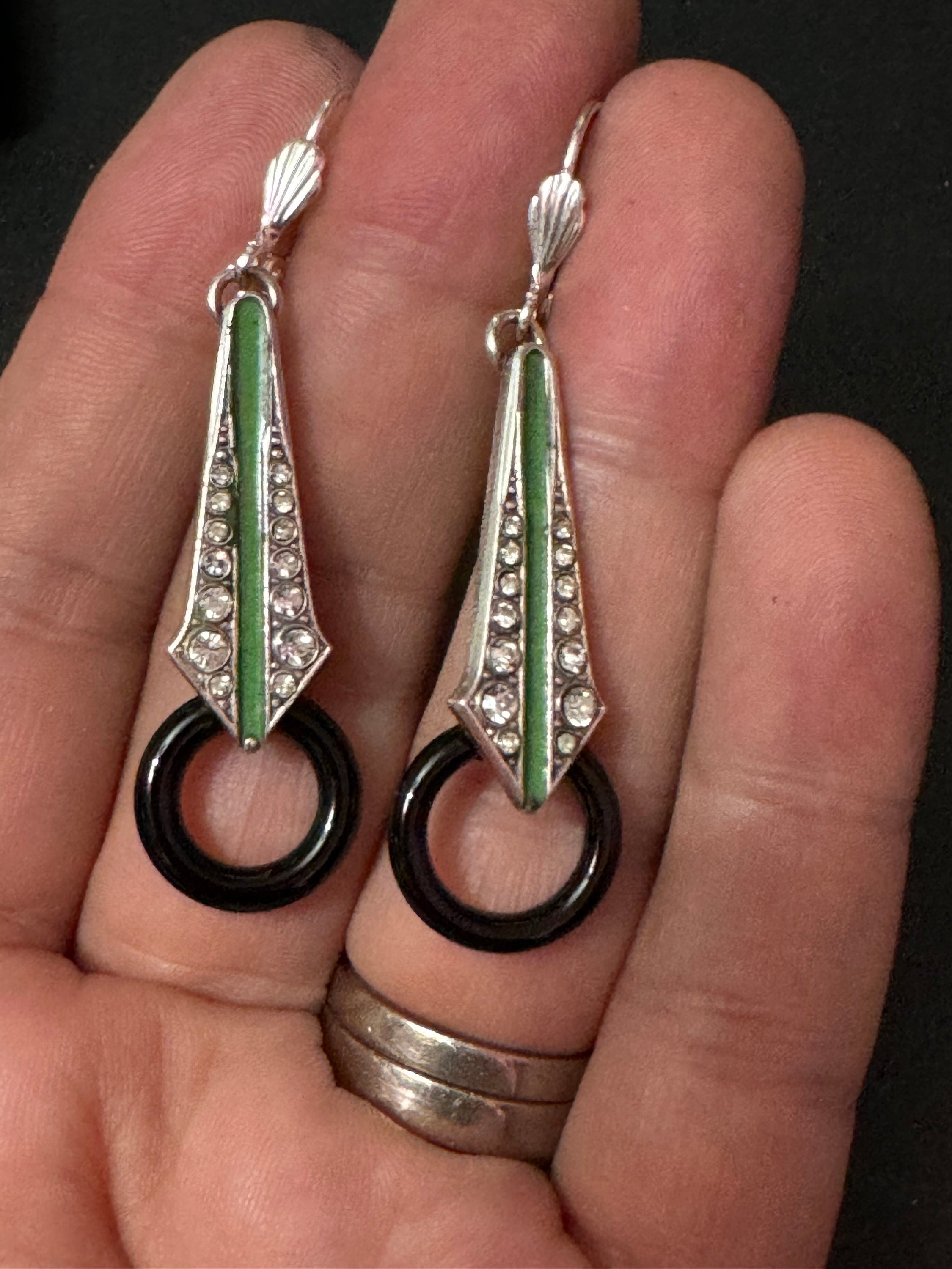 Art deco style green enamel geometric silver plated drop earrings with onyx glass hoop pierced ears