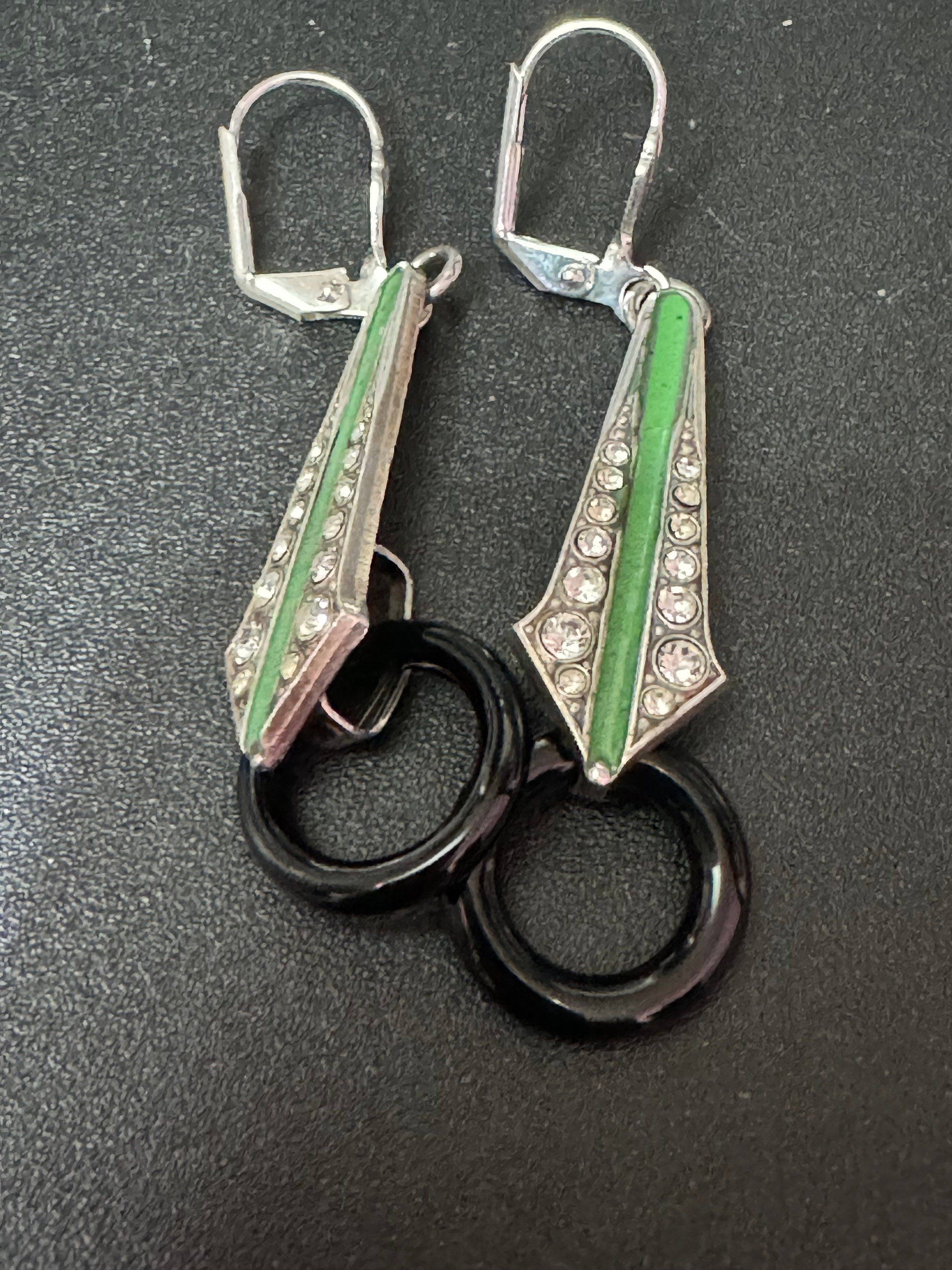 Art deco style green enamel geometric silver plated drop earrings with onyx glass hoop pierced ears