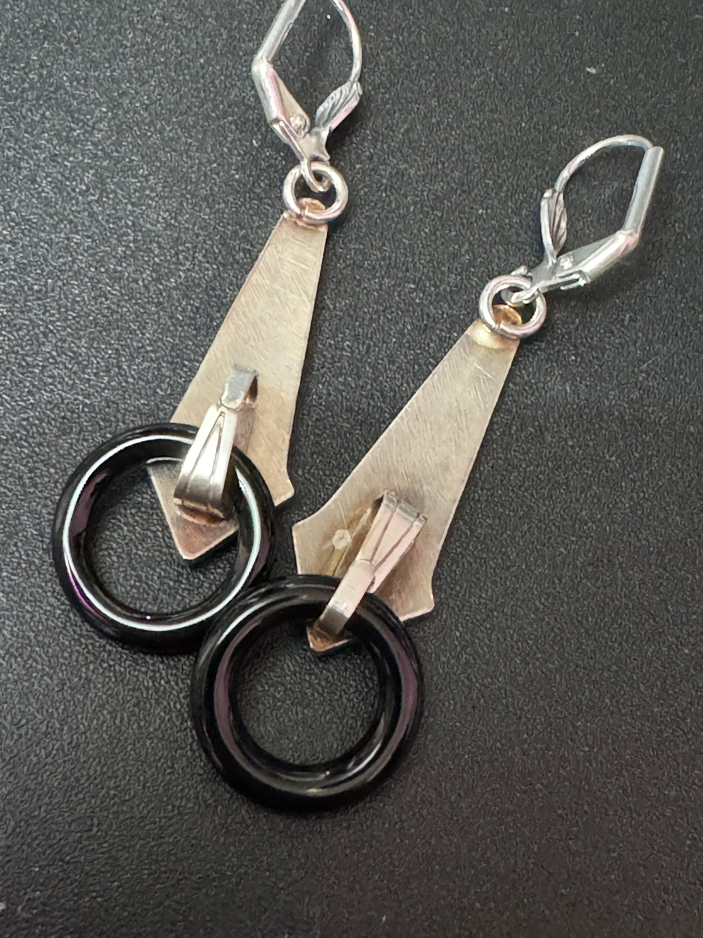 Art deco style green enamel geometric silver plated drop earrings with onyx glass hoop pierced ears