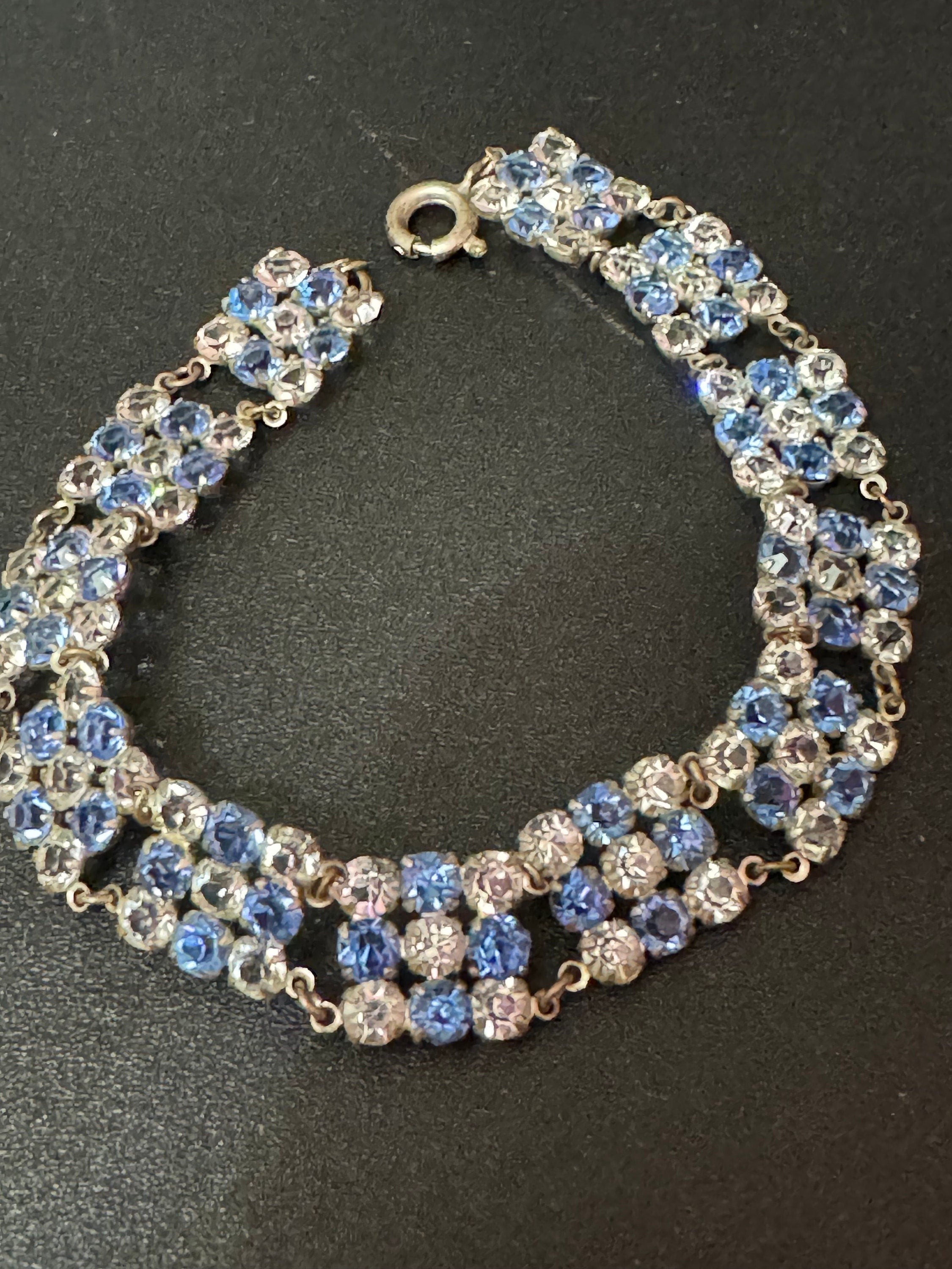 Antique vintage silver tone open back clear and sapphire blue crystal square panel chain link Art Deco Edwardian  bracelet