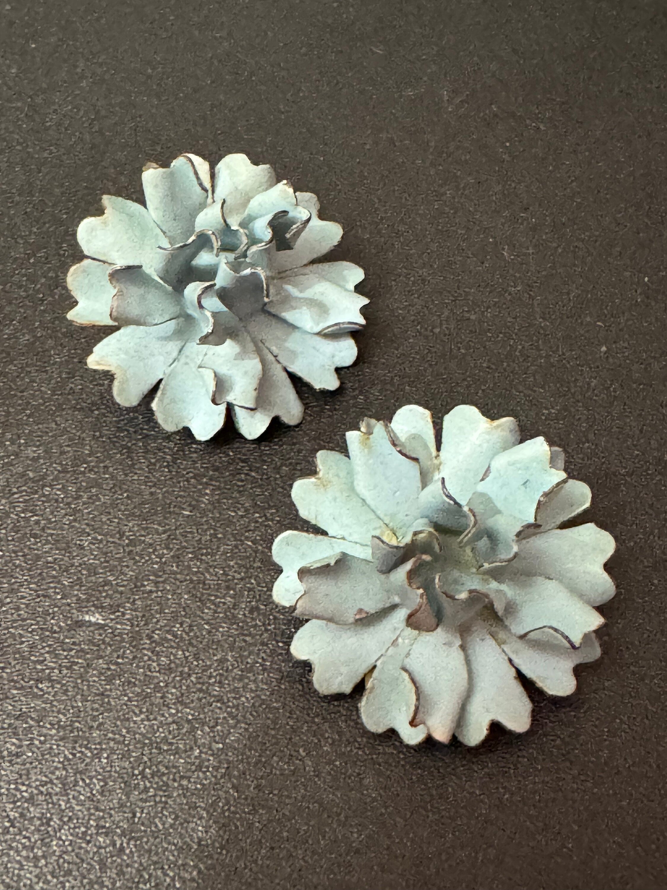 Vintage Czech cold painted enamel brass dusky blue floral clip on earrings