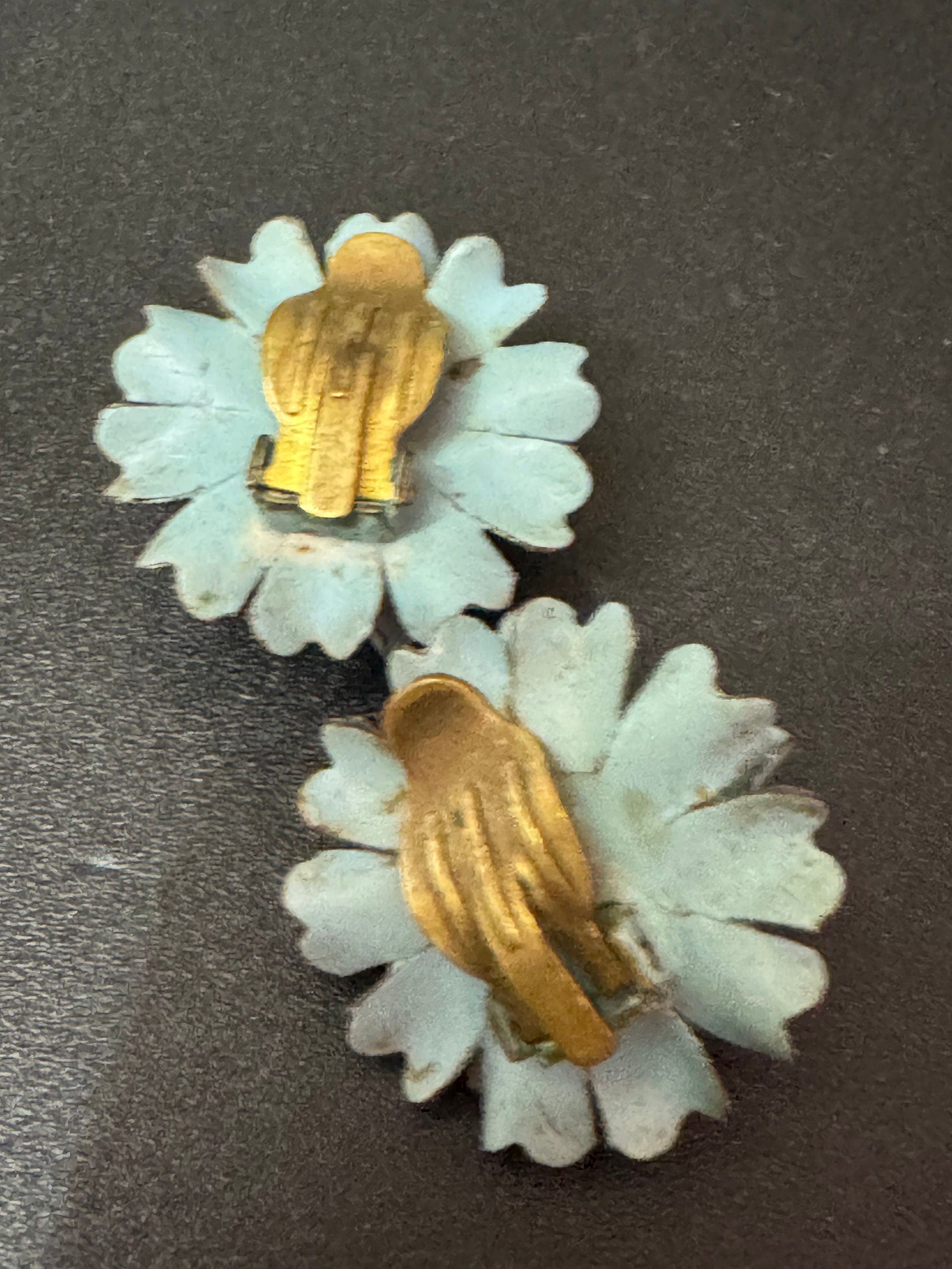 Vintage Czech cold painted enamel brass dusky blue floral clip on earrings