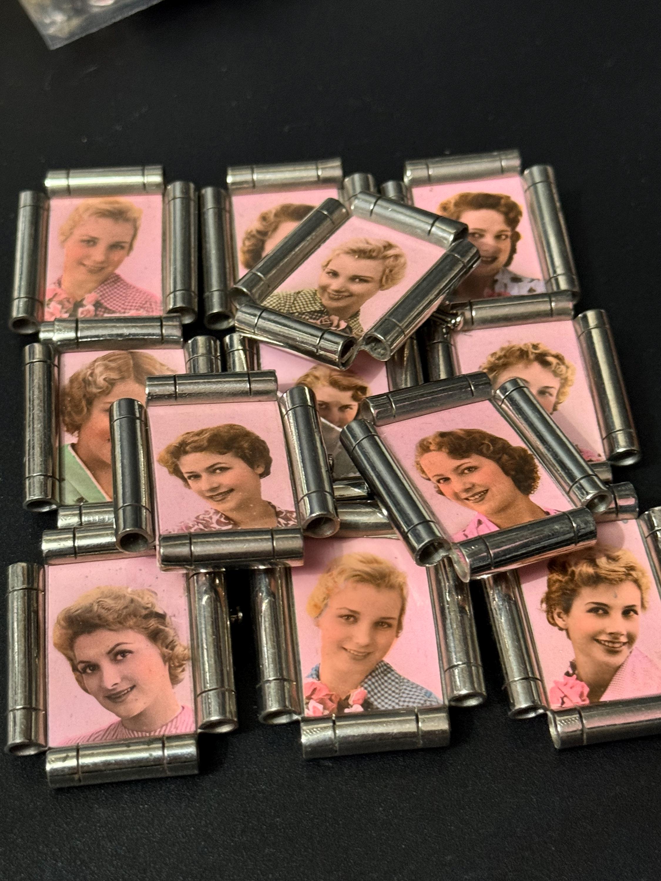 vintage French art deco chrome framed ladies portrait brooches  French