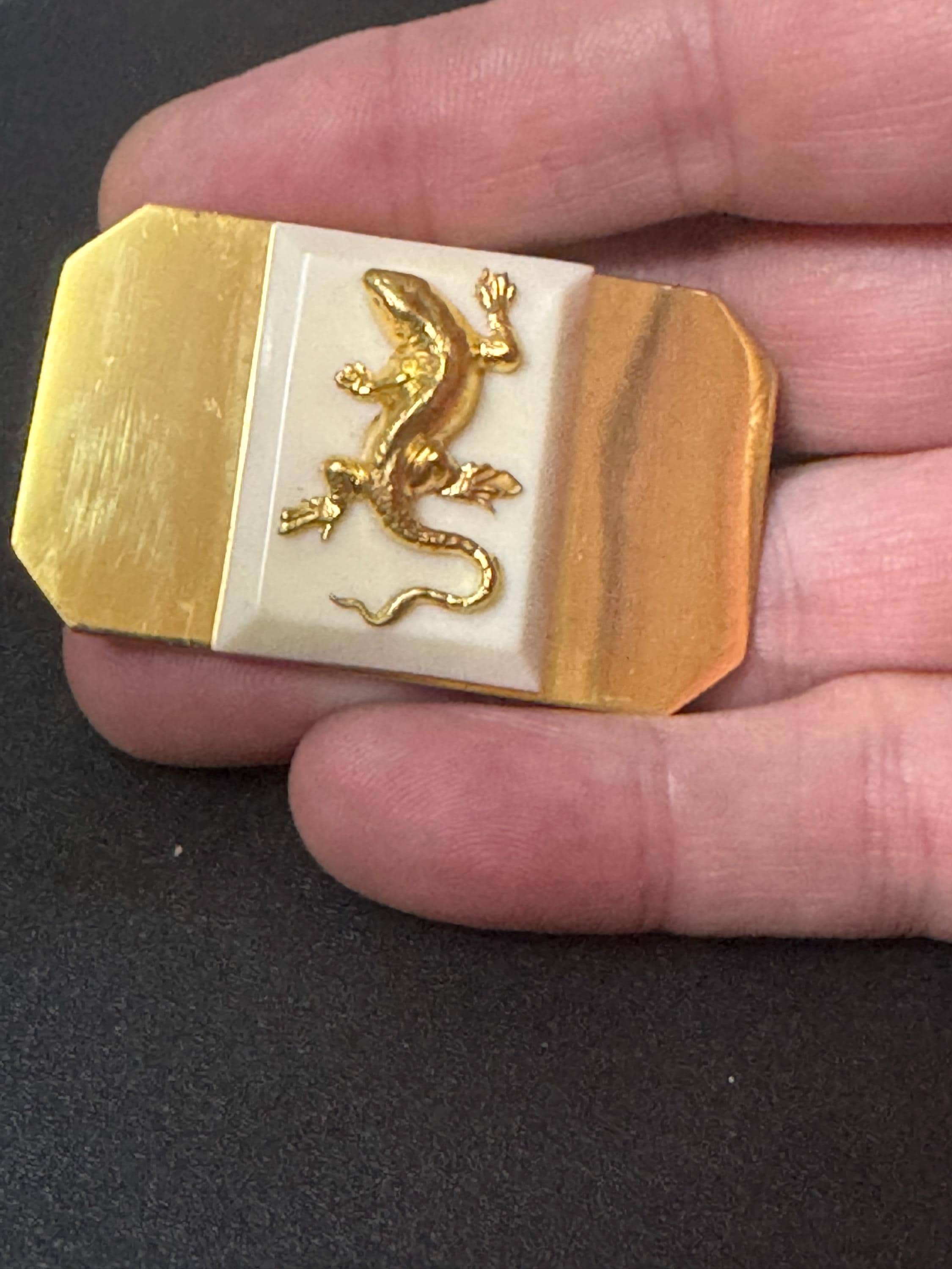 True vintage Jean Painlevé style French brass lizard gecko brooch old shop stock early plastic