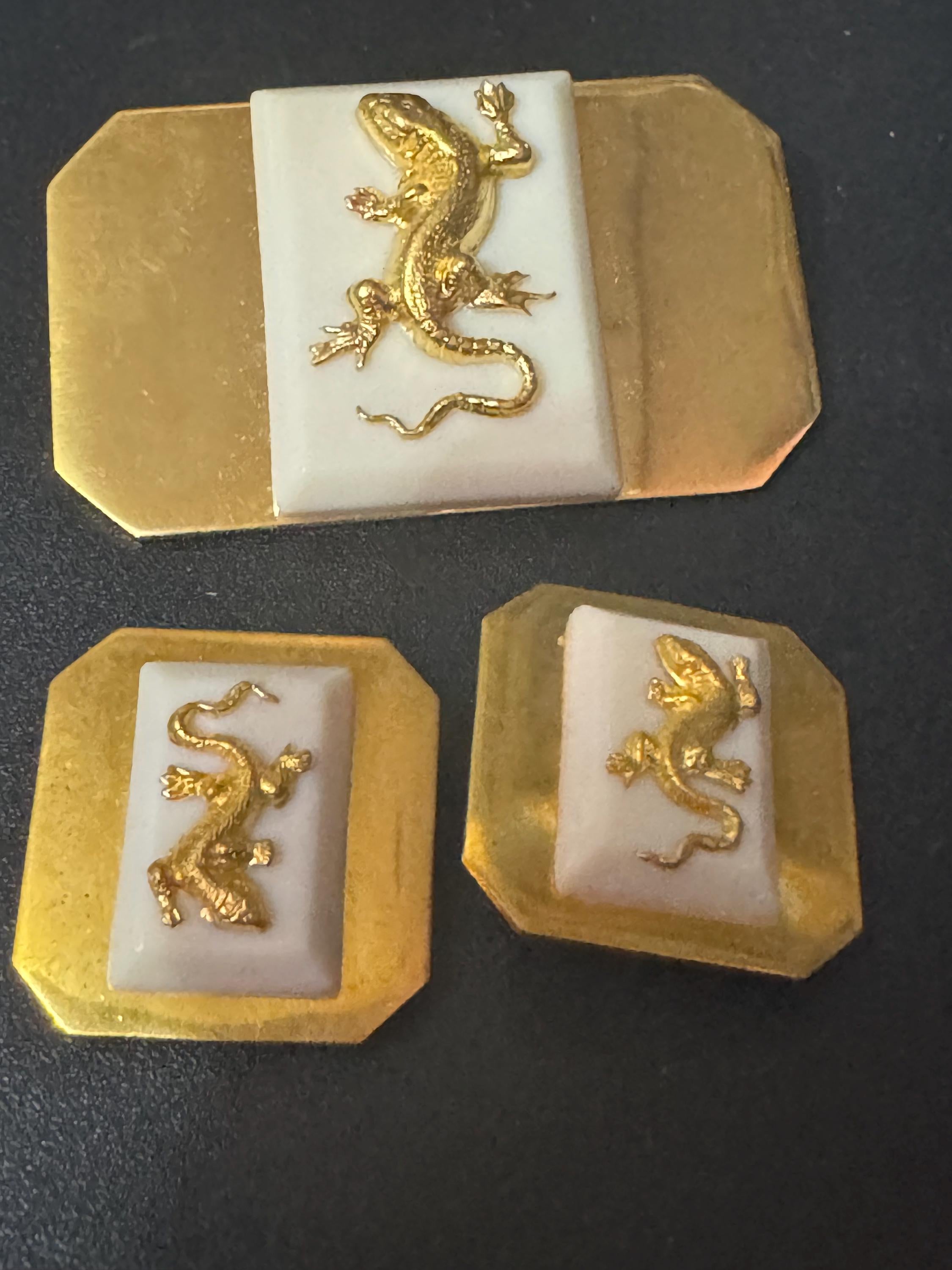 vintage Jean Painlevé style French brass lizard salamander brooch and clip on earring jewellery set