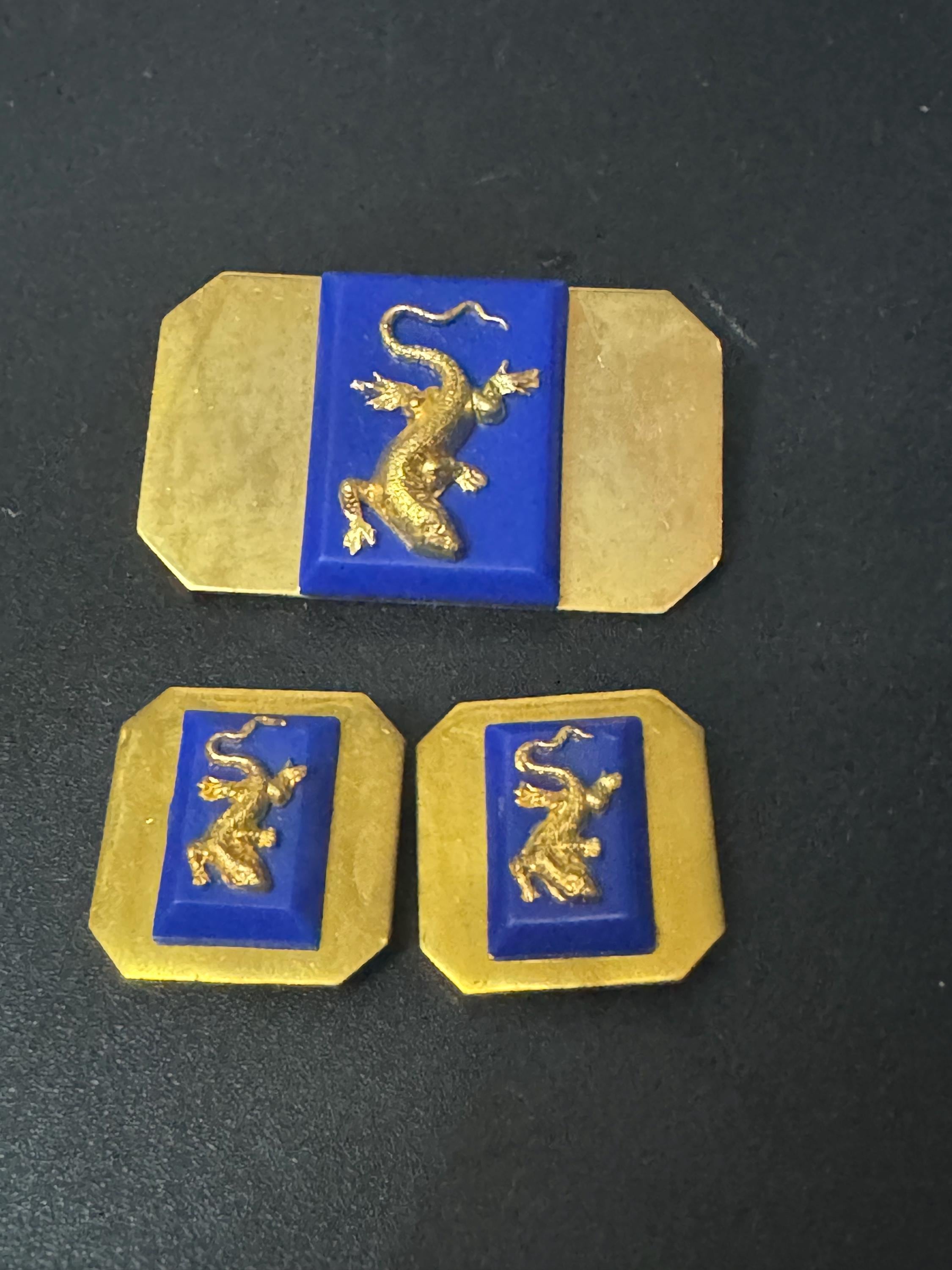vintage Jean Painlevé style French brass lizard salamander brooch and clip on earring jewellery sets