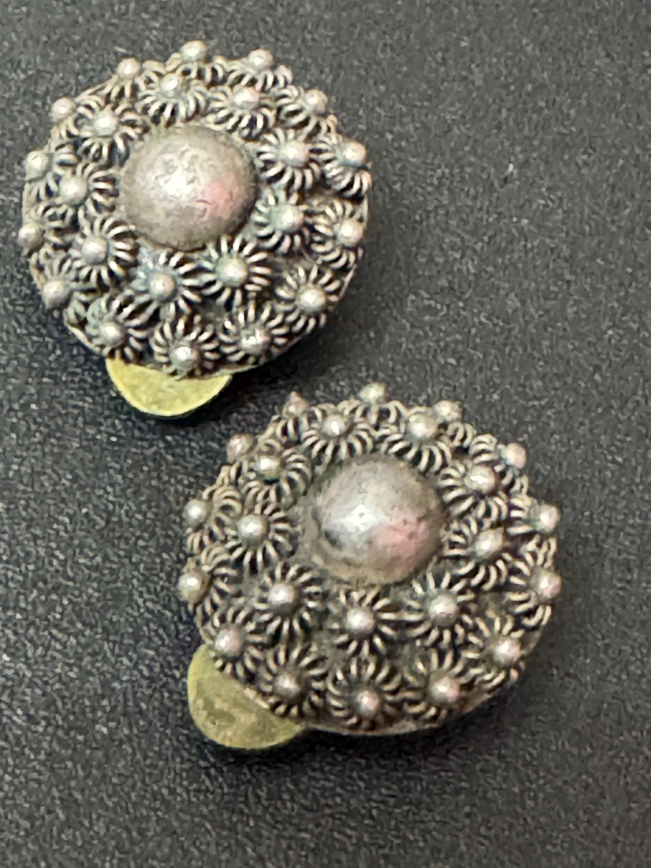 Antique Cannetille silver work Etruscan small clip on earrings
