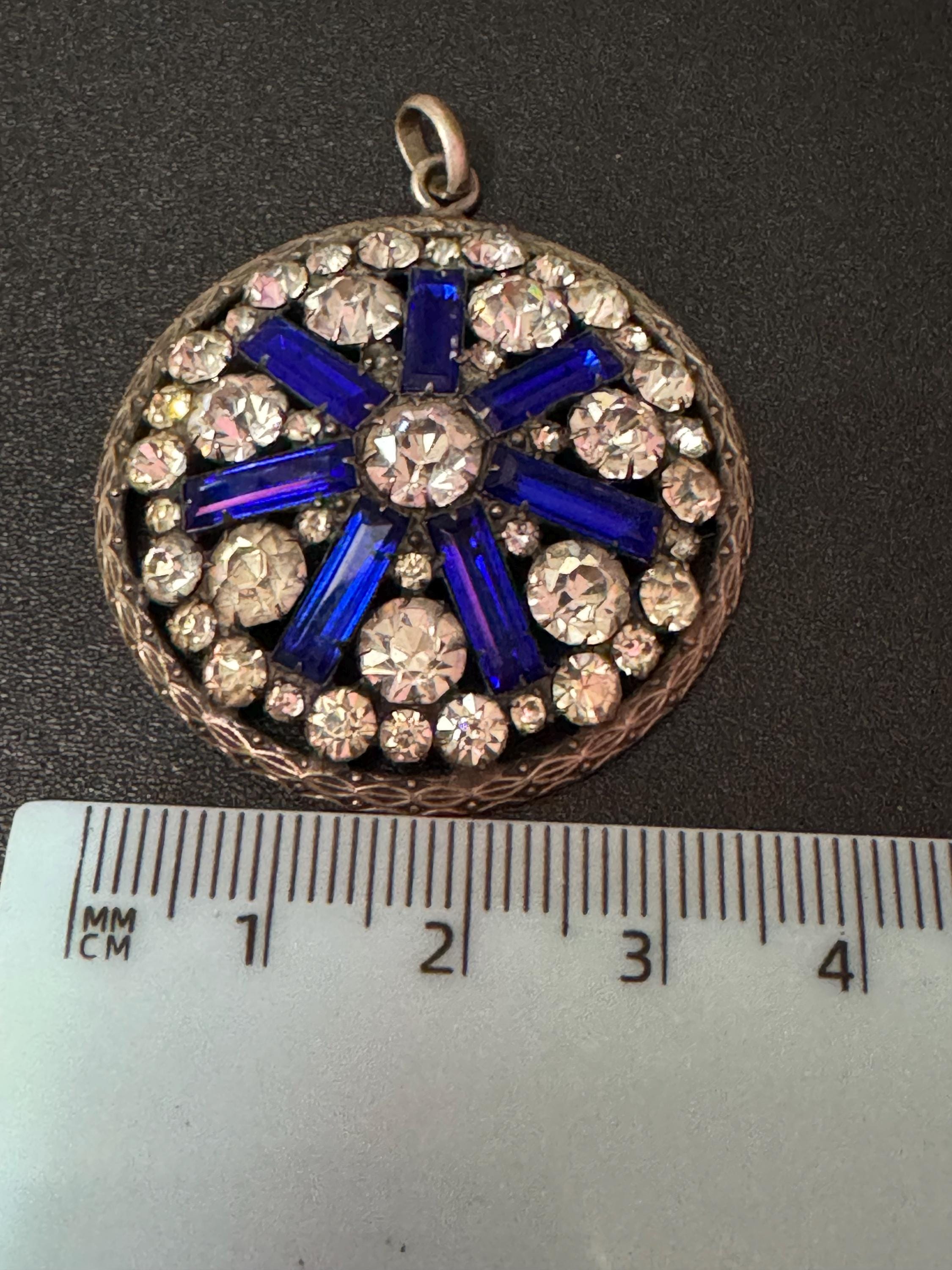 Antique cobalt blue baguette crystal and clear diamanté pendant stamped gilt silver tone  3.5cm