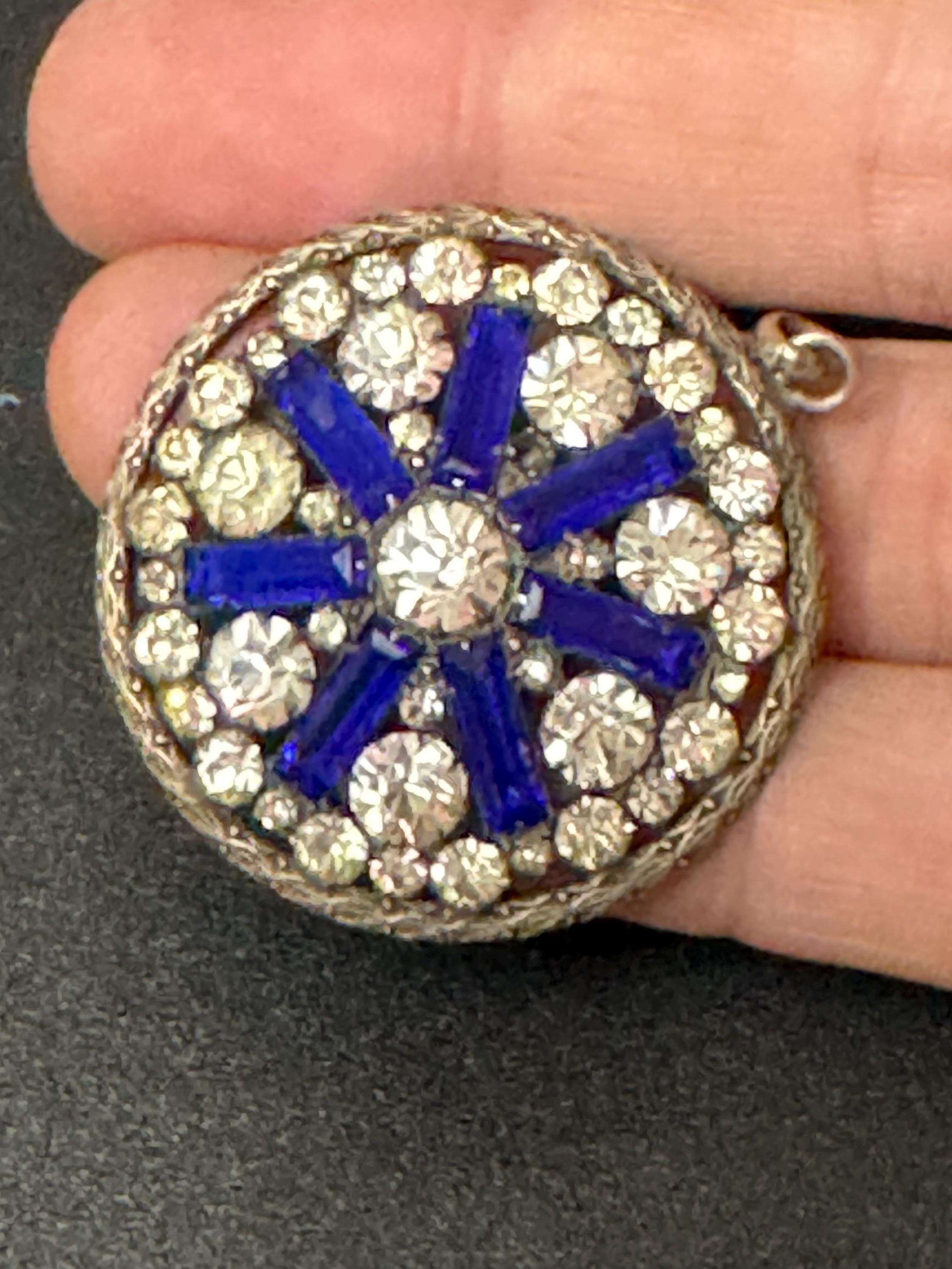 Antique cobalt blue baguette crystal and clear diamanté pendant stamped gilt silver tone  3.5cm