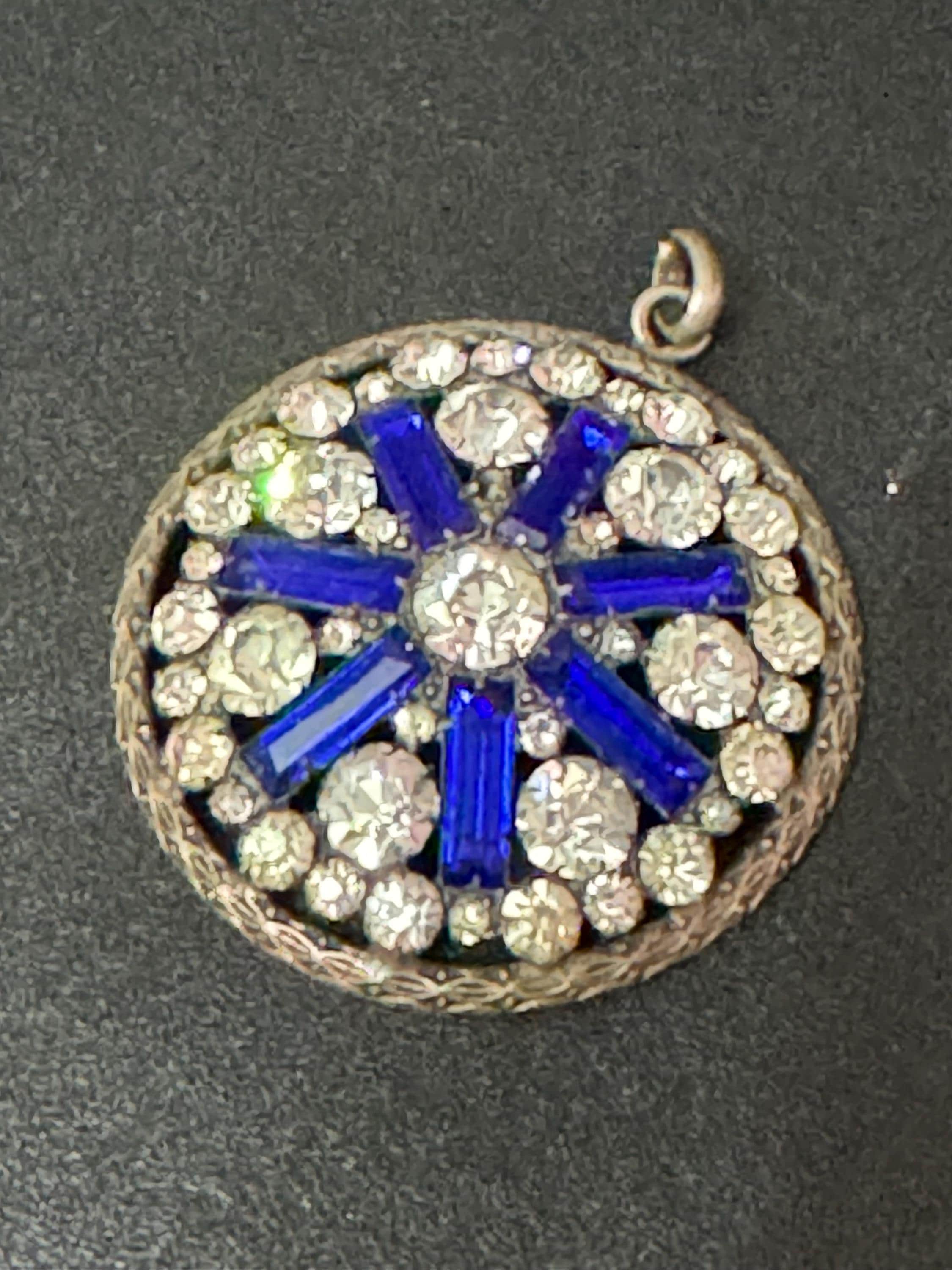 Antique cobalt blue baguette crystal and clear diamanté pendant stamped gilt silver tone  3.5cm