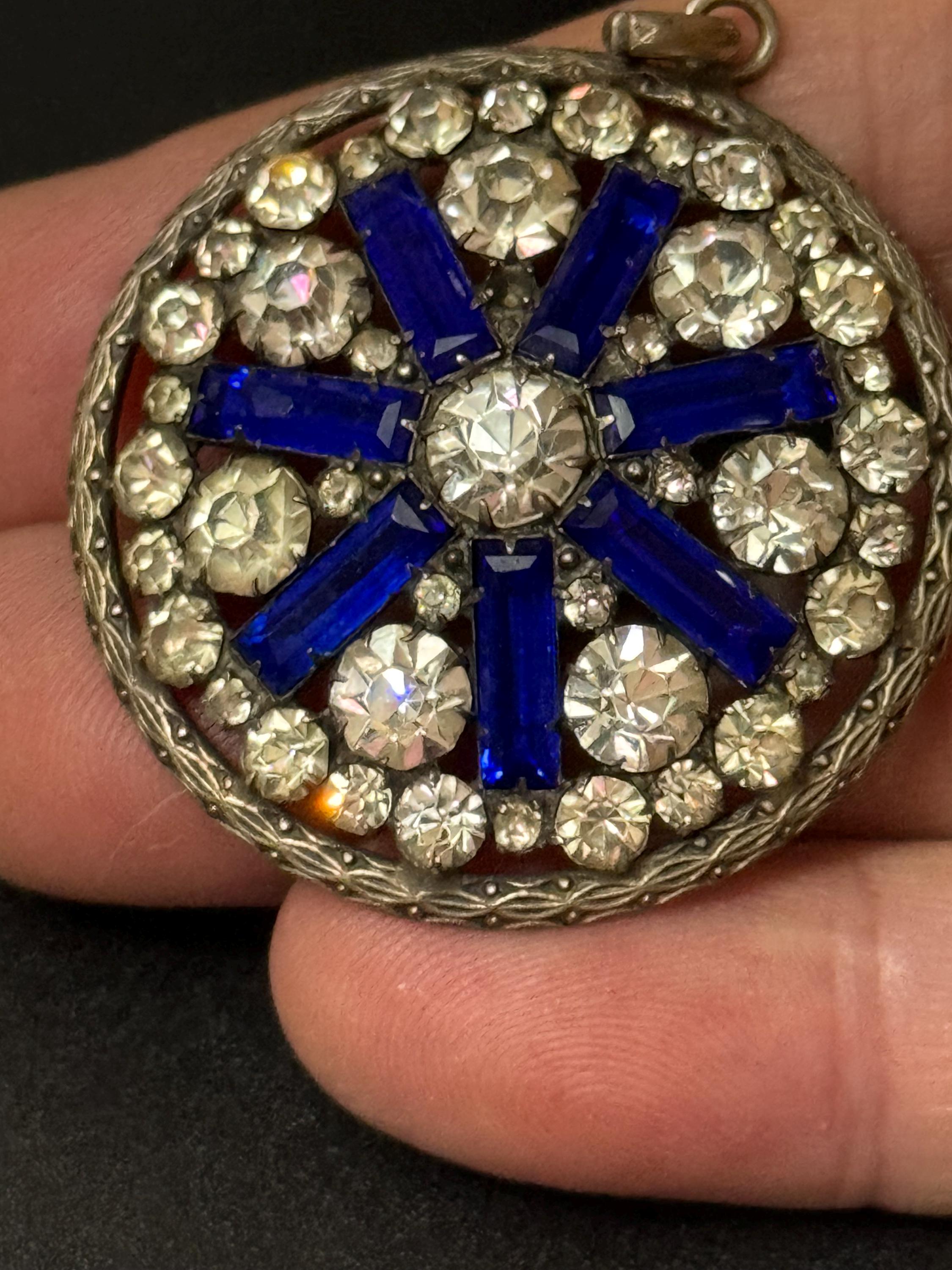 Antique cobalt blue baguette crystal and clear diamanté pendant stamped gilt silver tone  3.5cm