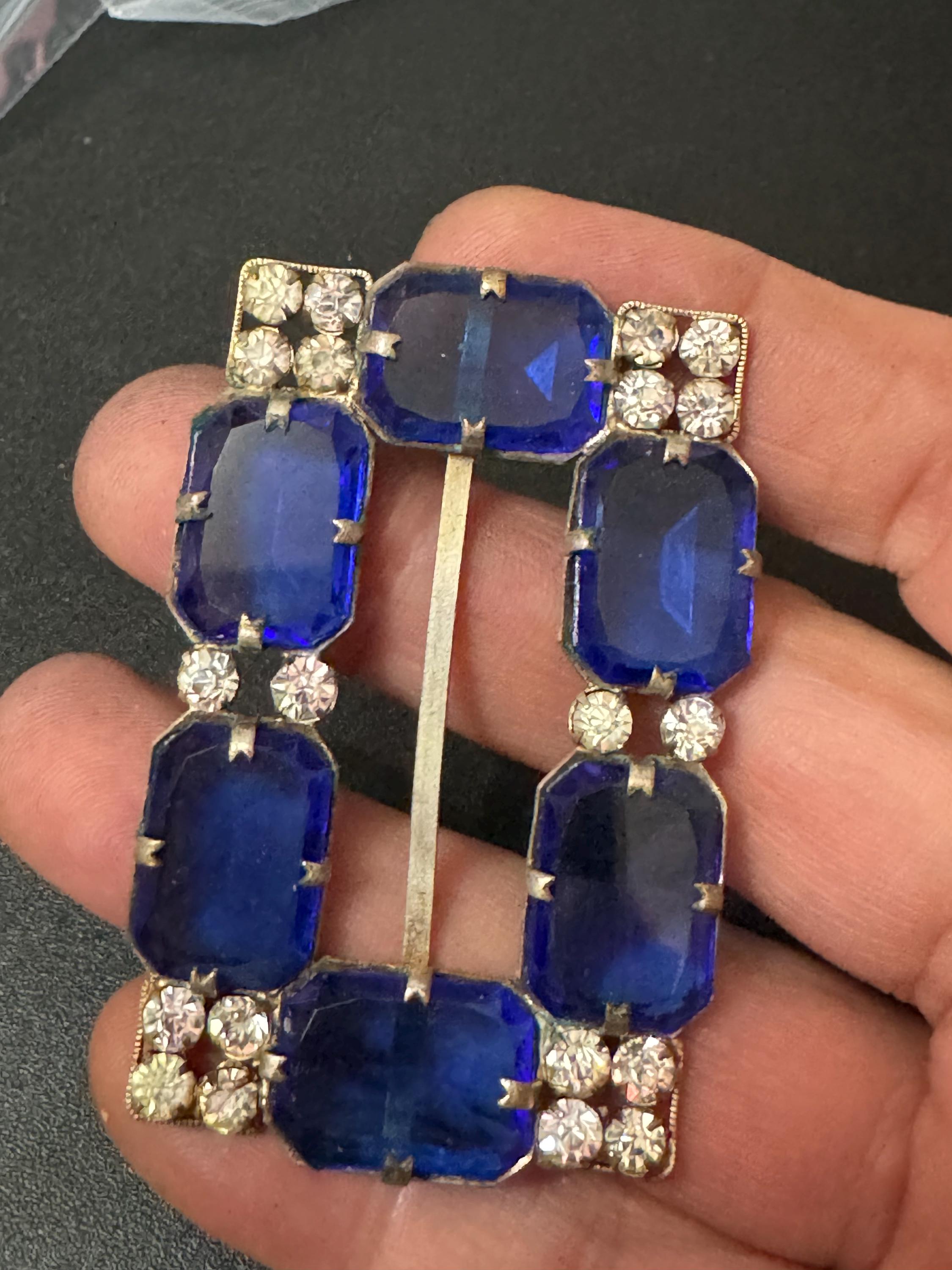 Large Antique rectangular czech Clear & sapphire blue Glass Diamanté Belt Buckle