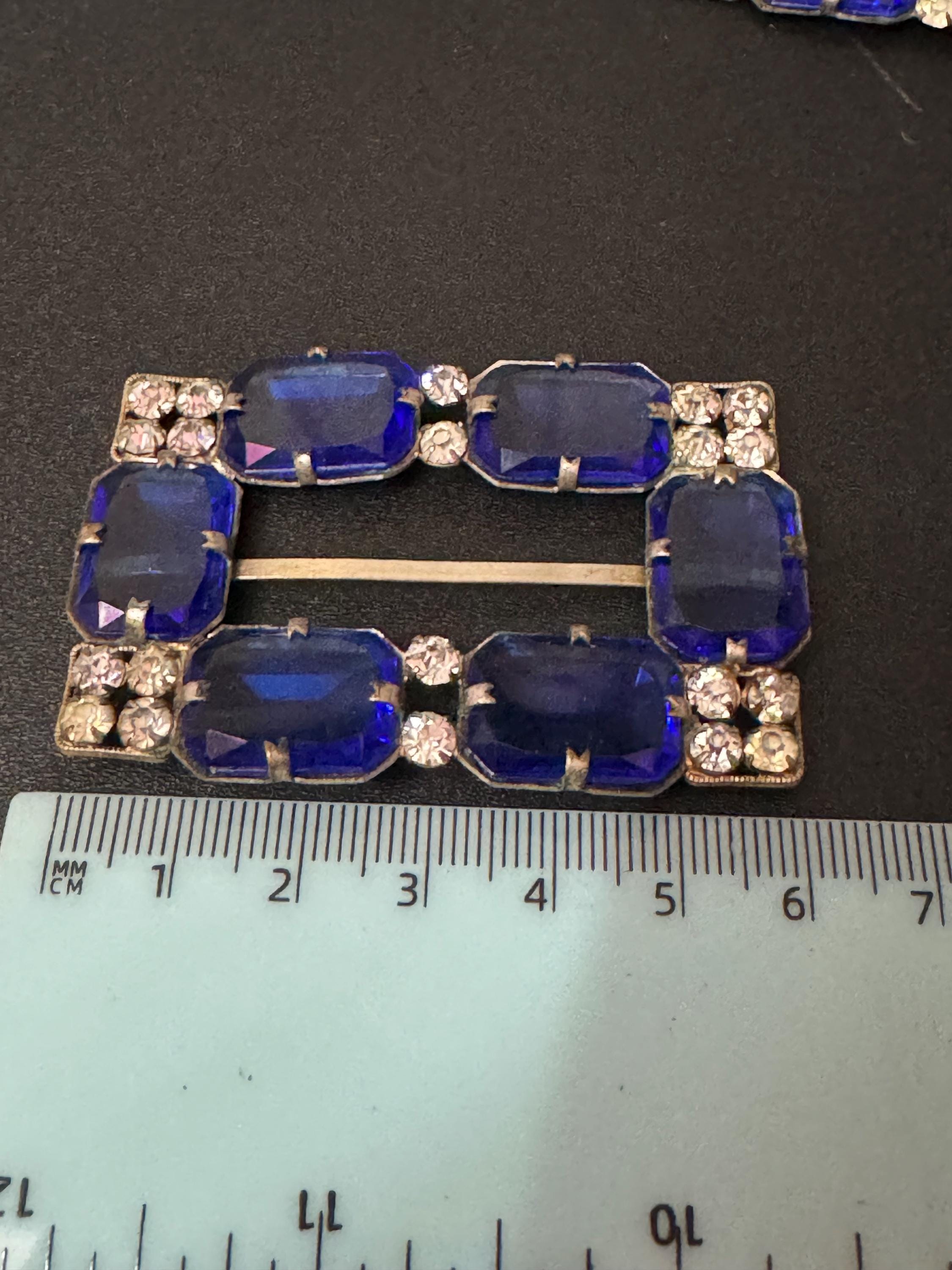 Large Antique rectangular czech Clear & sapphire blue Glass Diamanté Belt Buckle