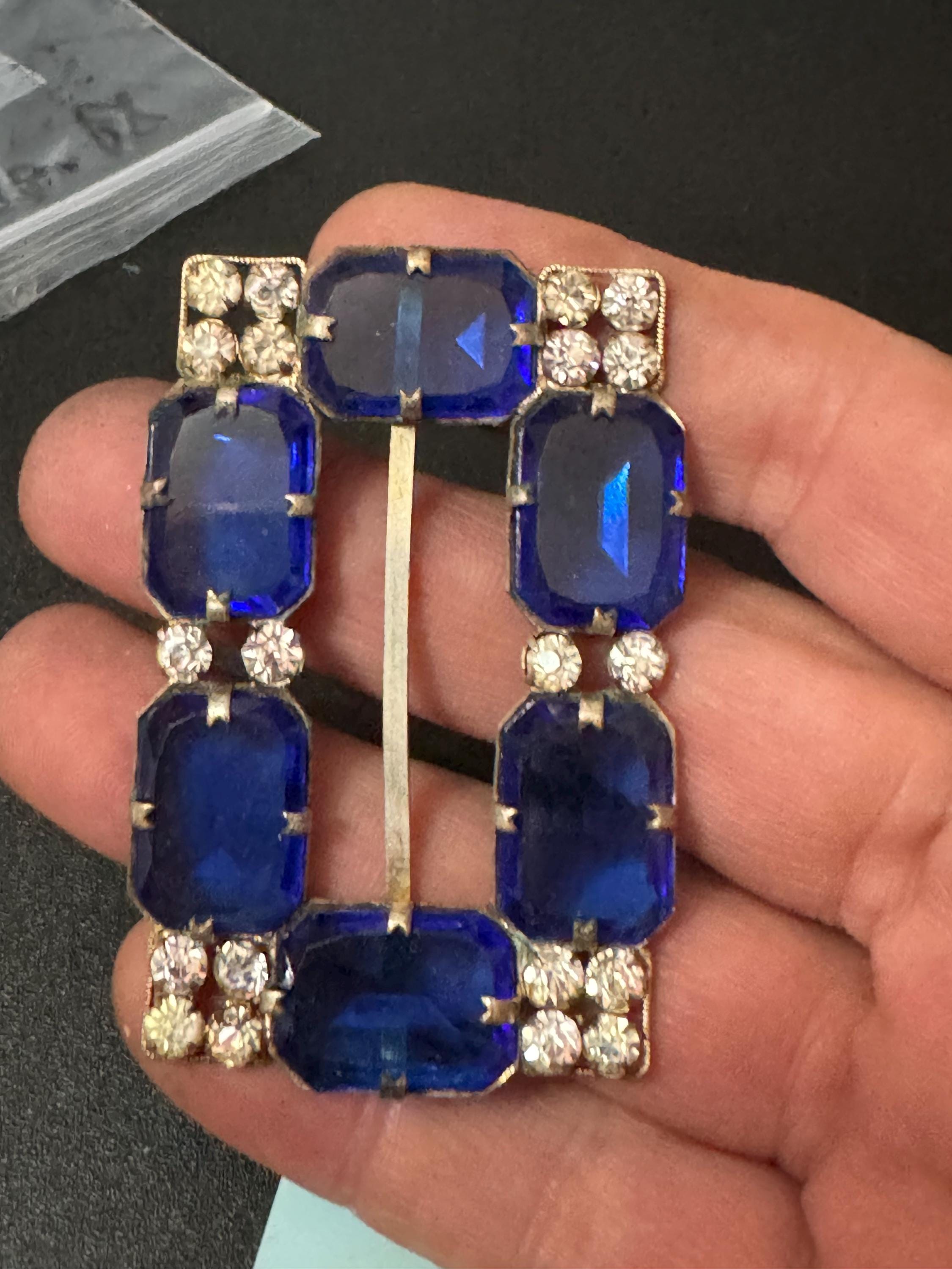 Large Antique rectangular czech Clear & sapphire blue Glass Diamanté Belt Buckle