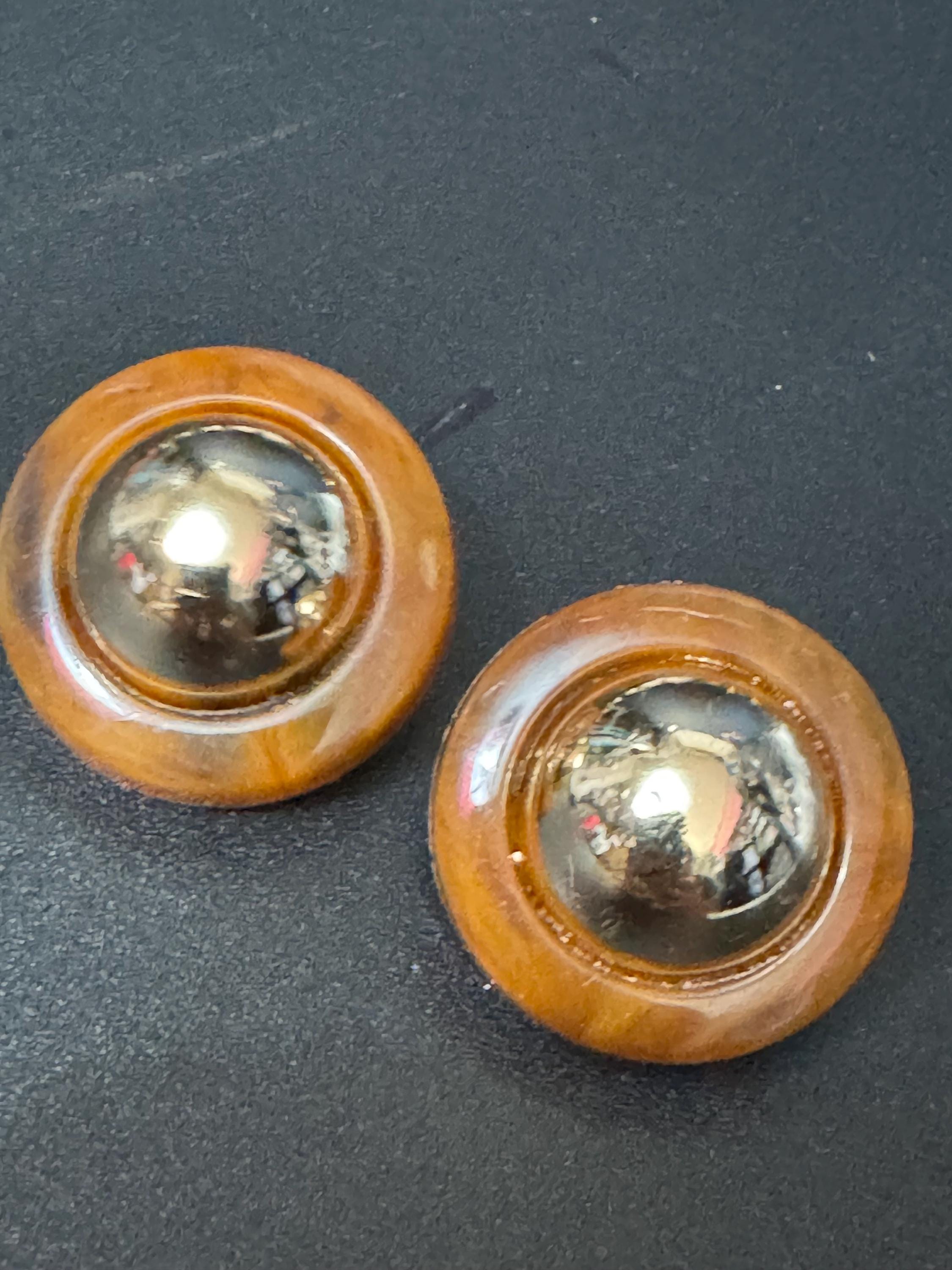 vintage French brown and gold tone domed plastic clip on earrings 1960s old shop stock