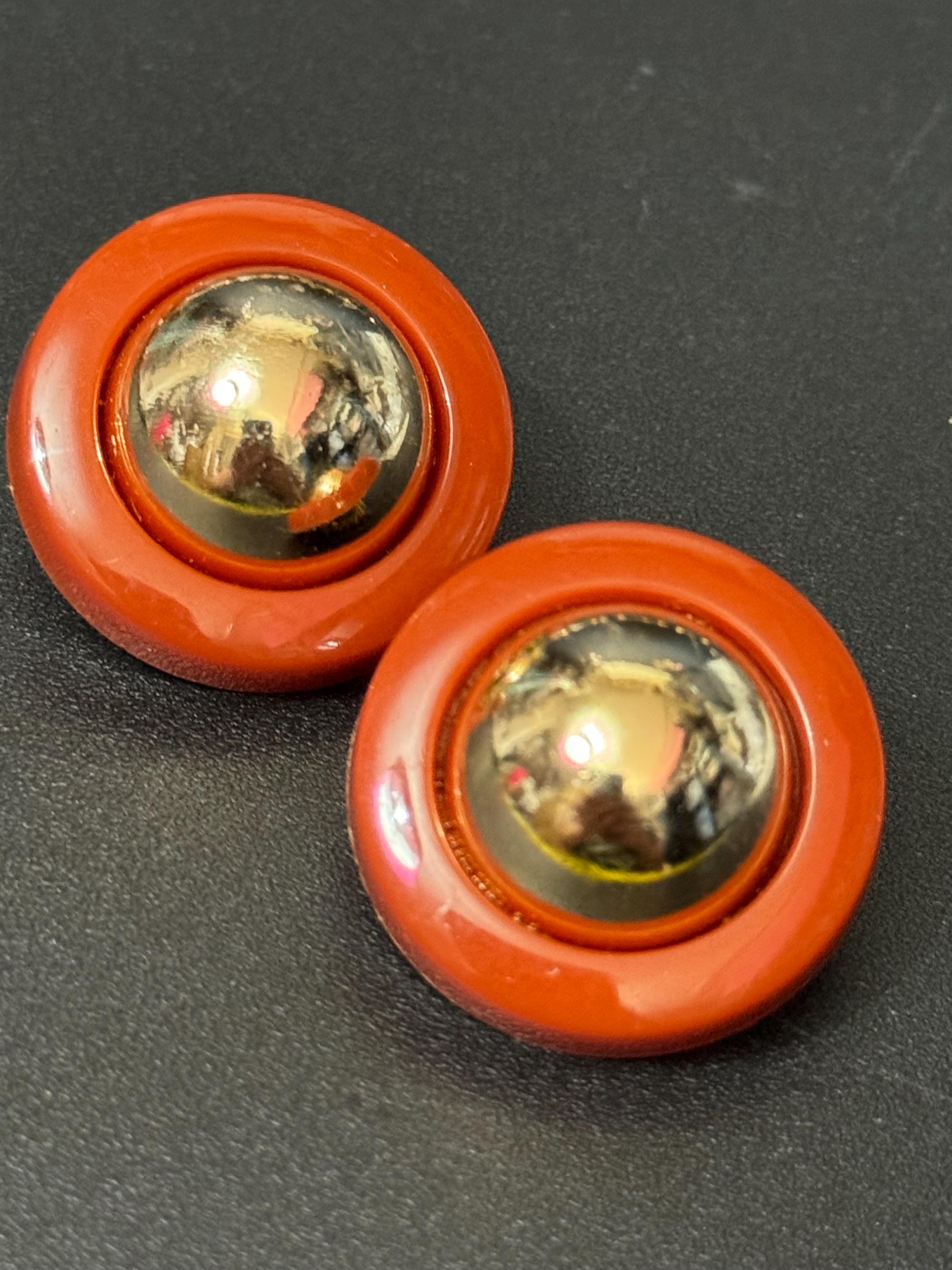 True vintage French terracotta brown and gold tone domed plastic clip on earrings 1950s 1960s old shop stock