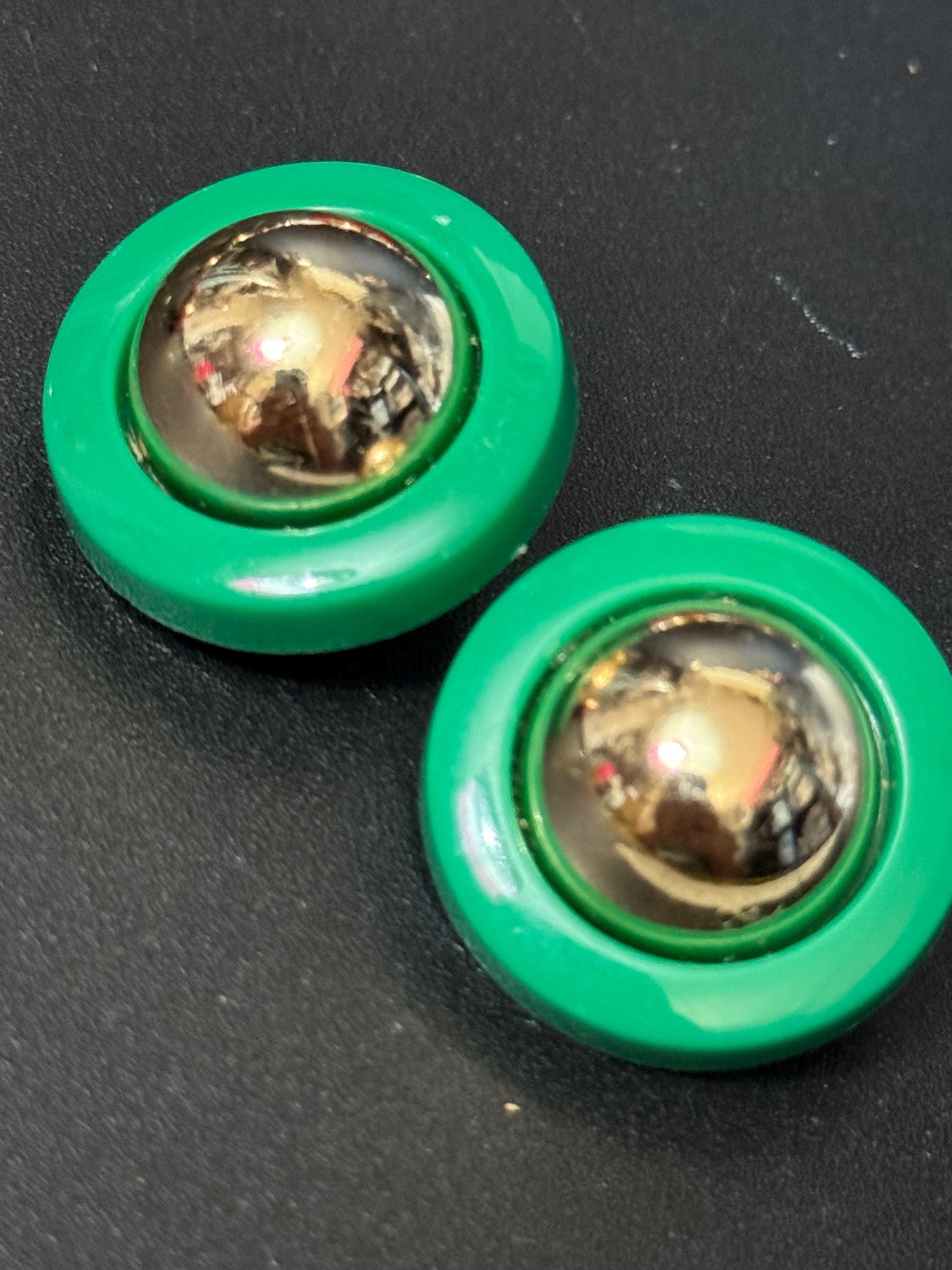 True vintage French green and gold tone domed plastic clip on earrings 1950s 1960s old shop stock