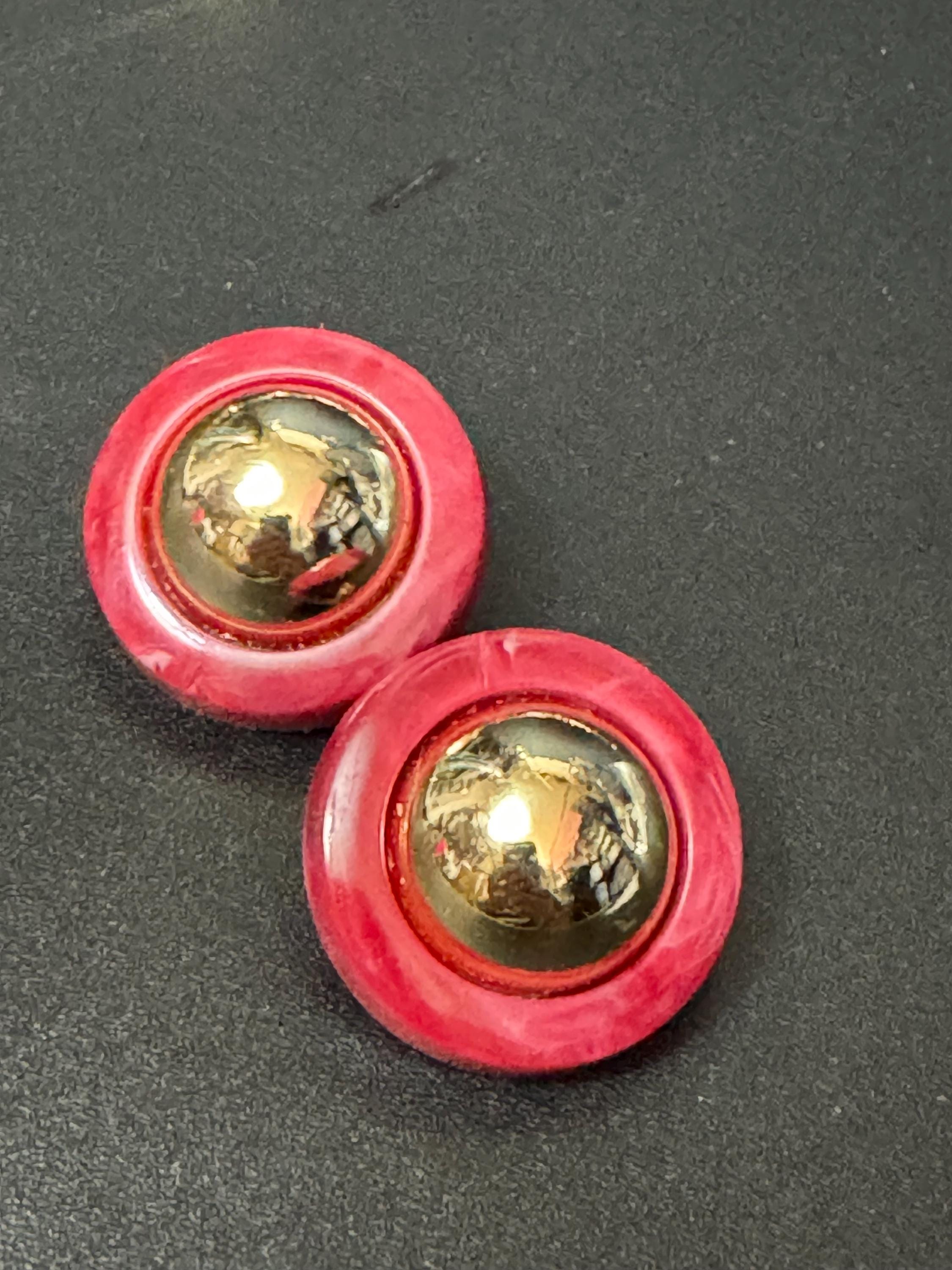 True vintage French raspberry red and gold tone domed plastic clip on earrings 1950s 1960s old shop stock