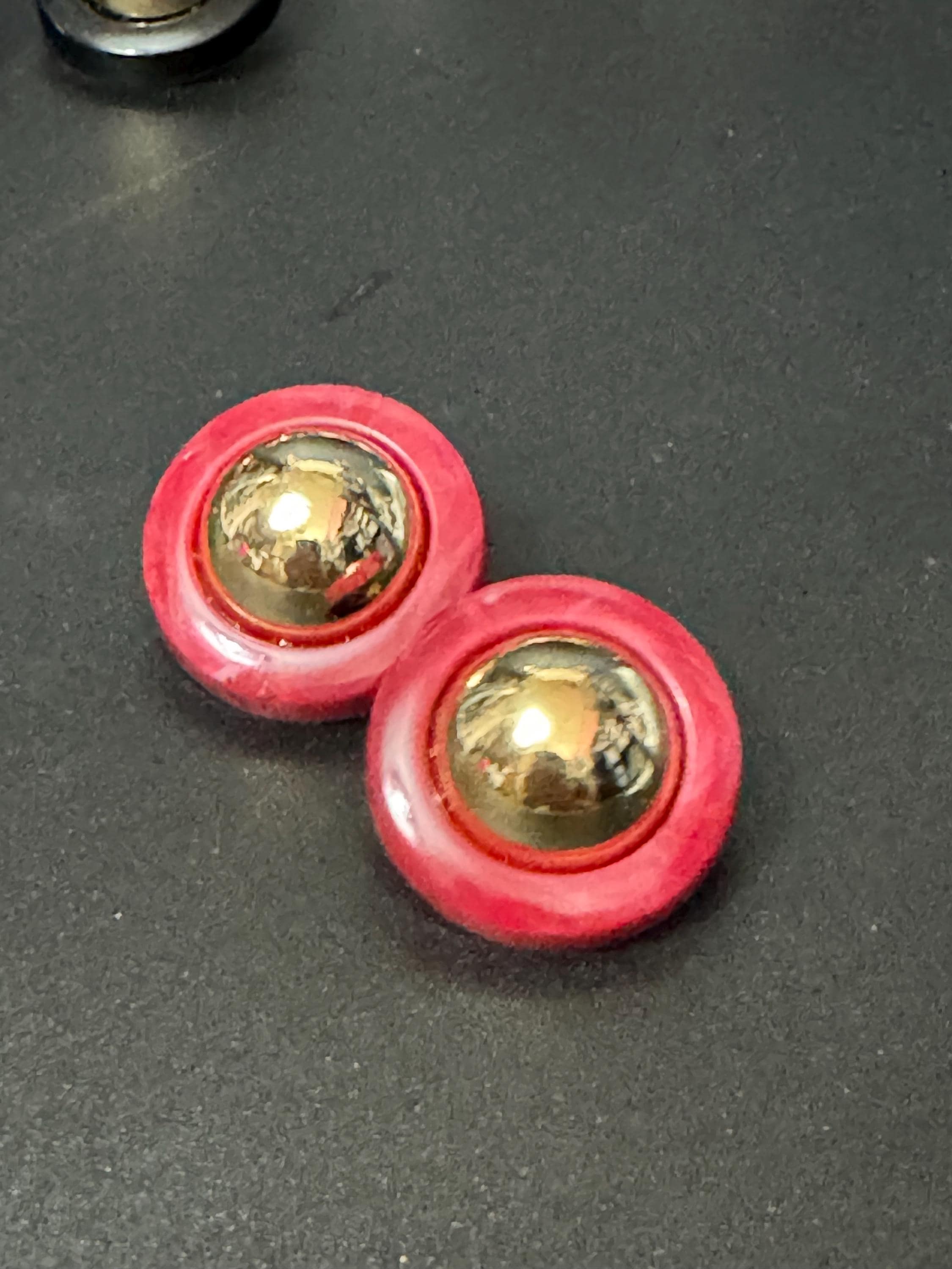 True vintage French raspberry red and gold tone domed plastic clip on earrings 1950s 1960s old shop stock