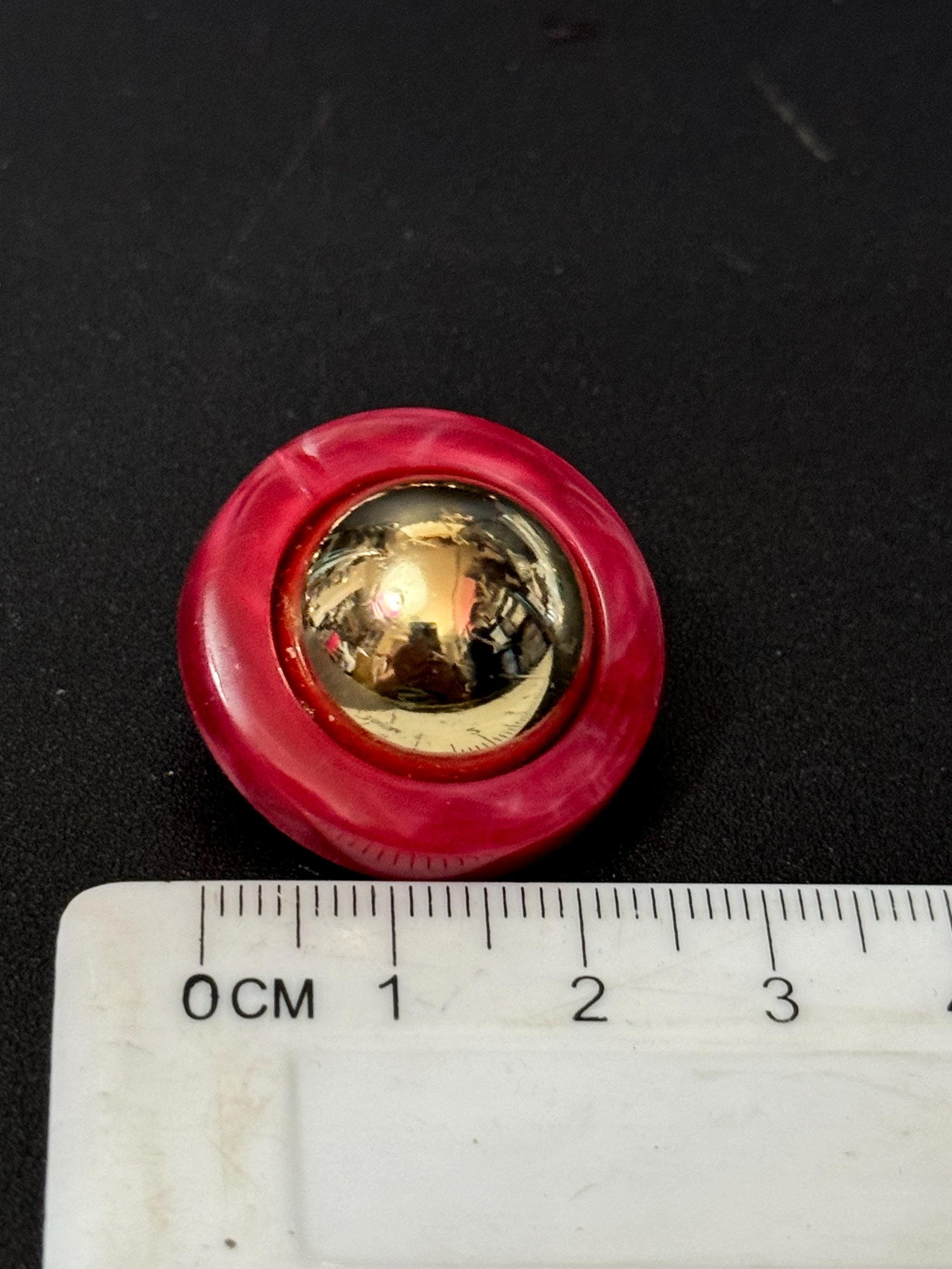 True vintage French raspberry red and gold tone domed plastic clip on earrings 1950s 1960s old shop stock