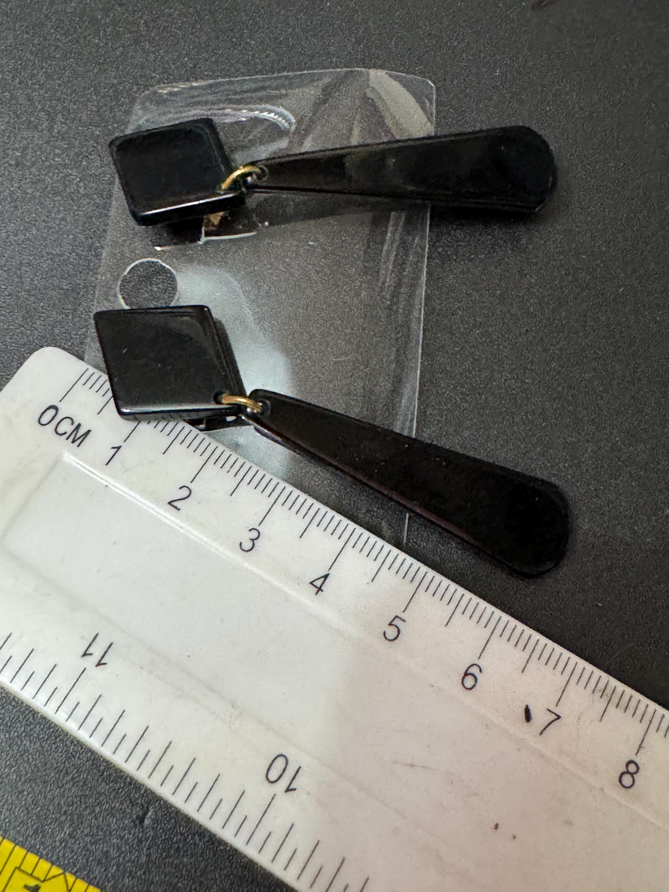1960s French early plastic black long dangly clip on earrings old shop stock
