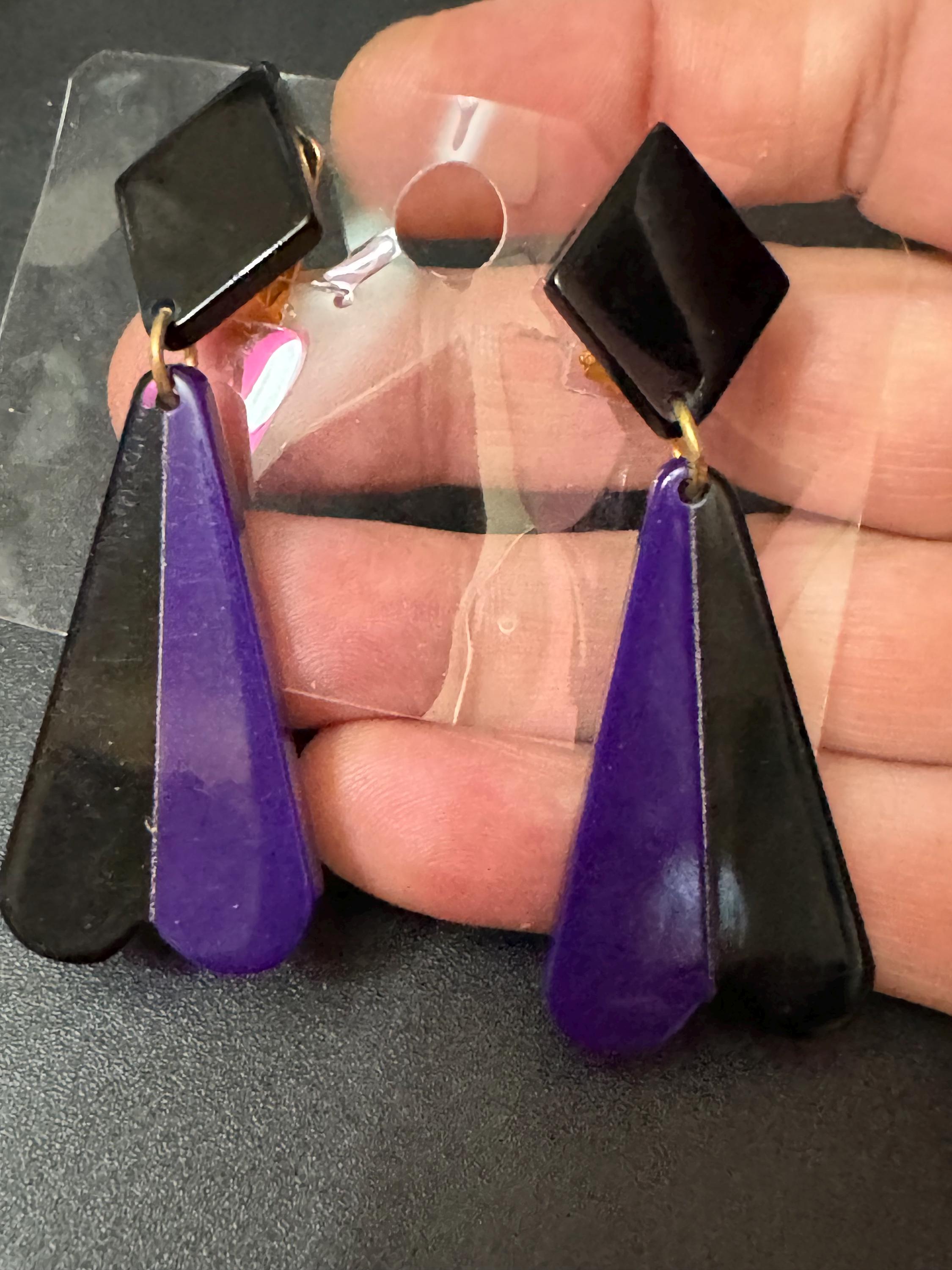 1960s French early plastic purple and black long dangly clip on earrings old shop stock