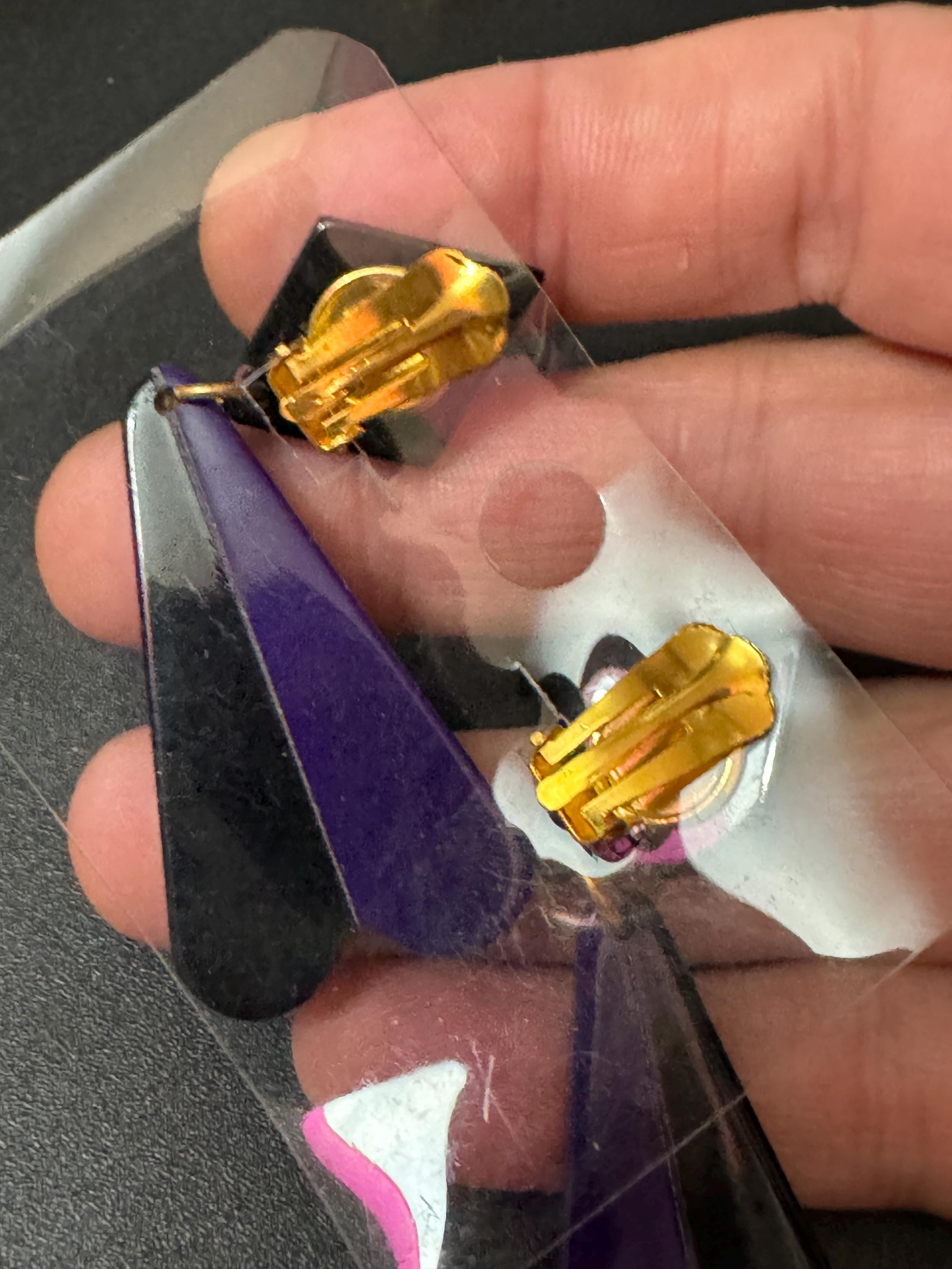 1960s French early plastic purple and black long dangly clip on earrings old shop stock