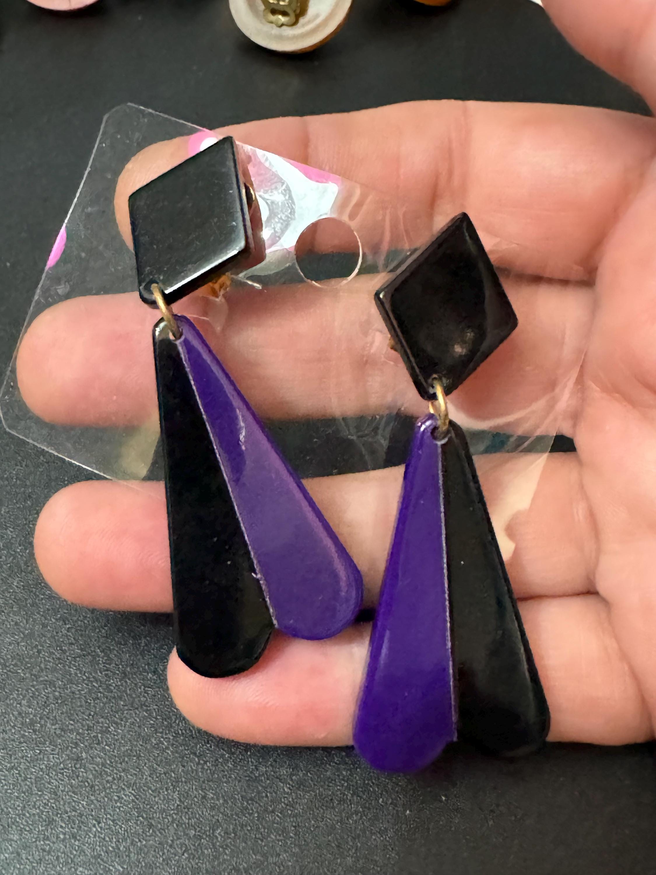 1960s French early plastic purple and black long dangly clip on earrings old shop stock