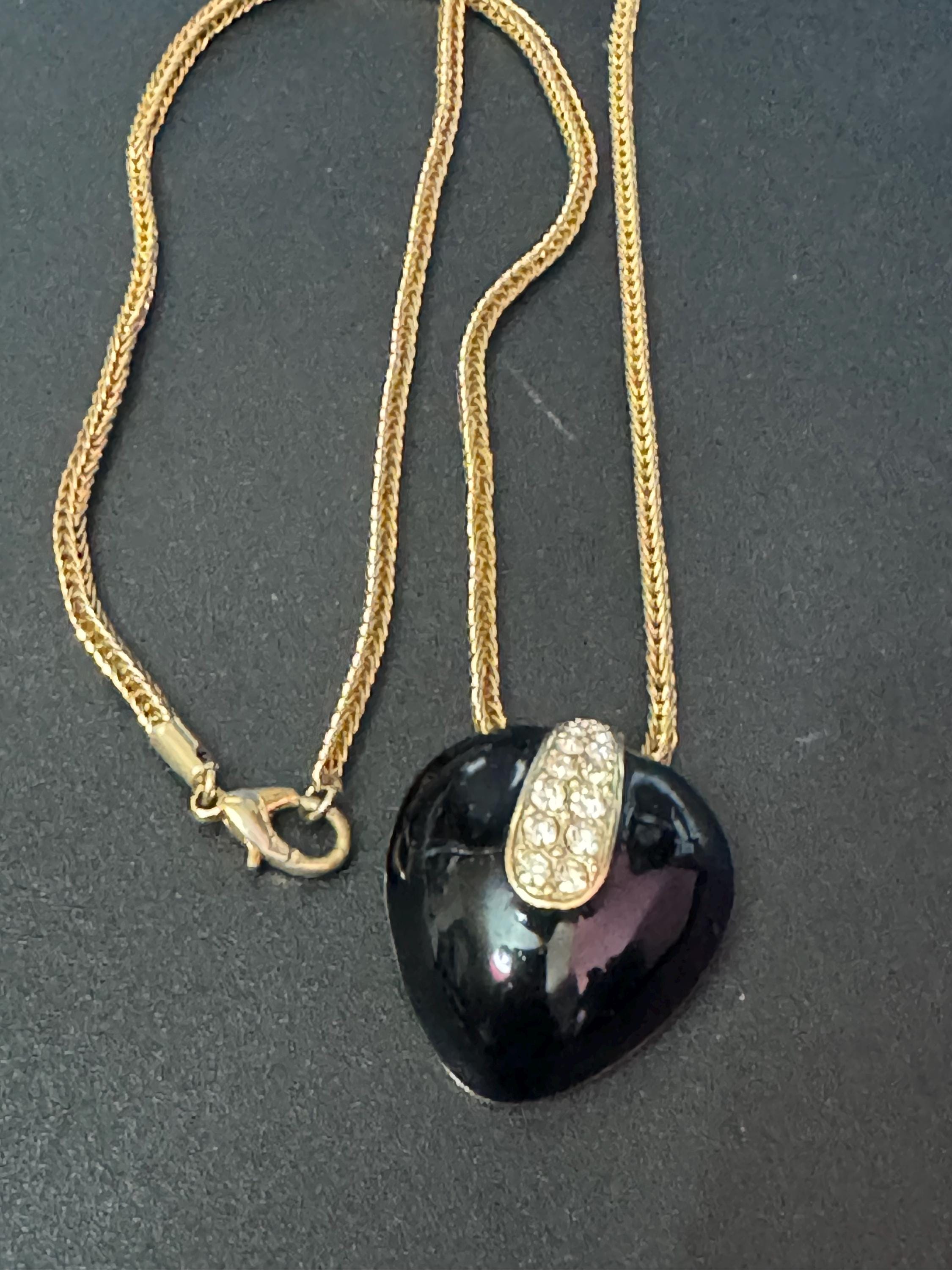 Signed A&S Attwood and Sawyer designer black enamel rhinestone clear crystal paste set pendant necklace gold tone