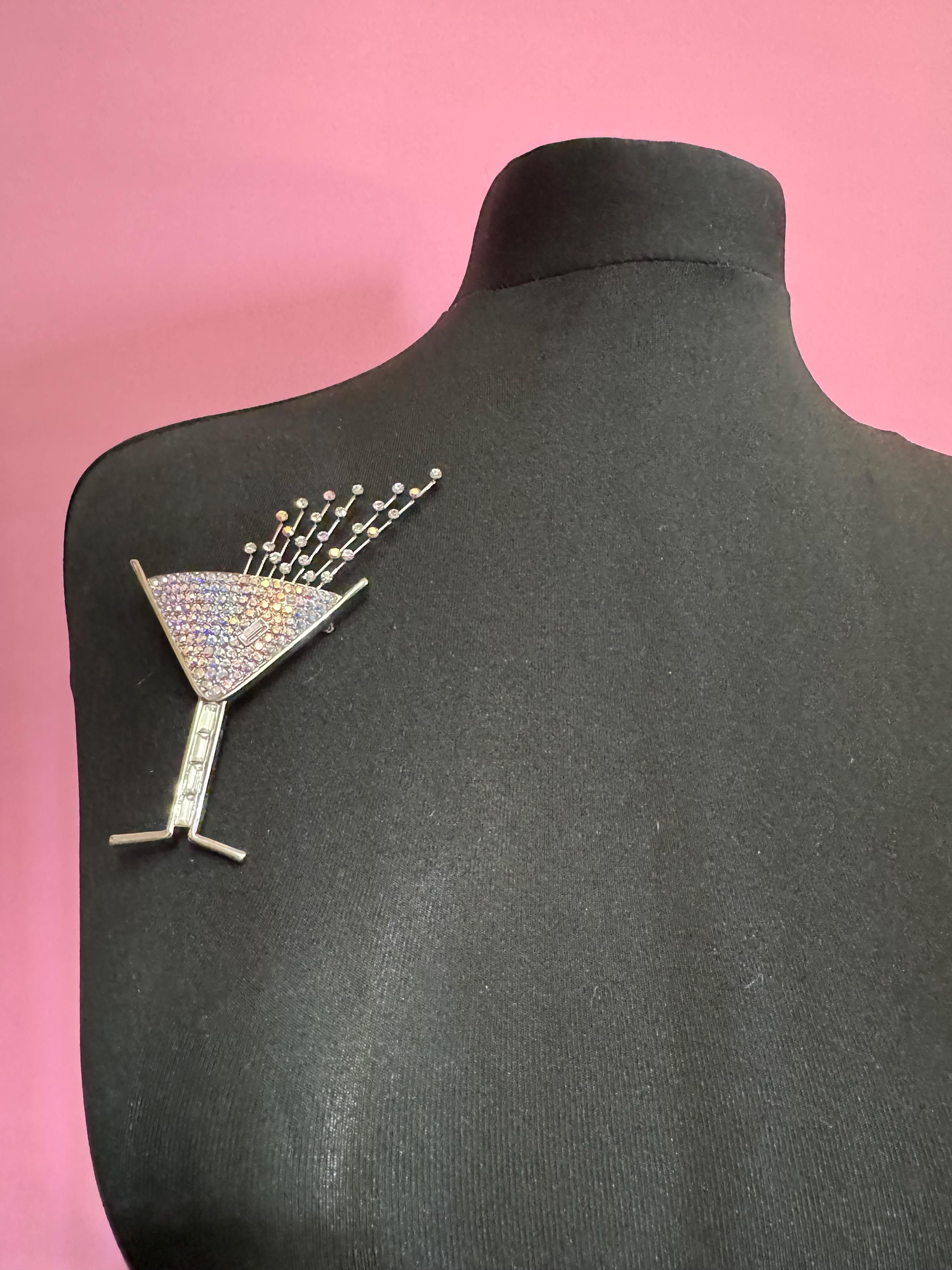 Signed butler and Wilson AB aurora borealis rainbow diamanté champagne cocktail glass brooch 12cm pink tones