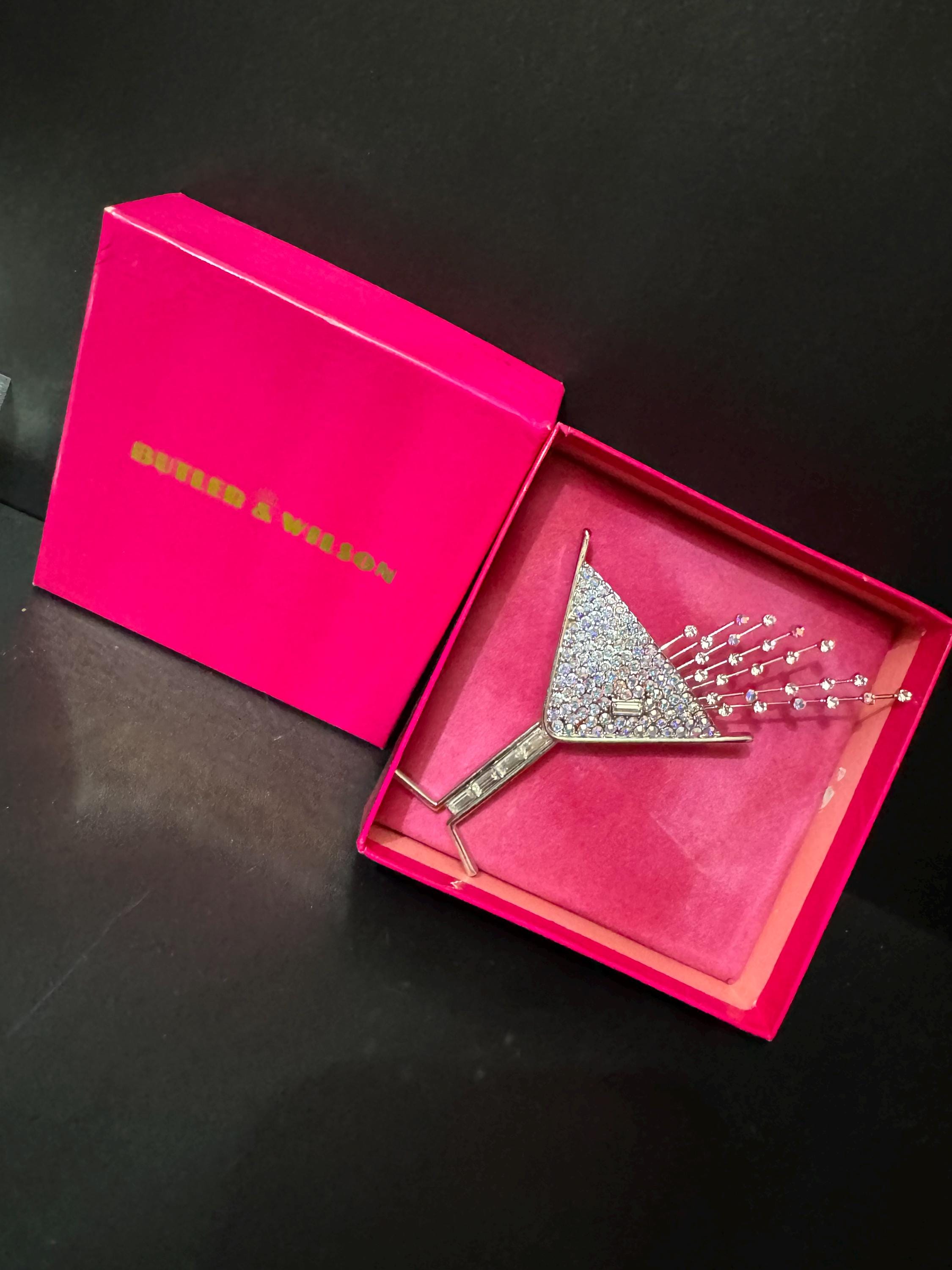 Signed butler and Wilson AB aurora borealis rainbow diamanté champagne cocktail glass brooch 12cm pink tones