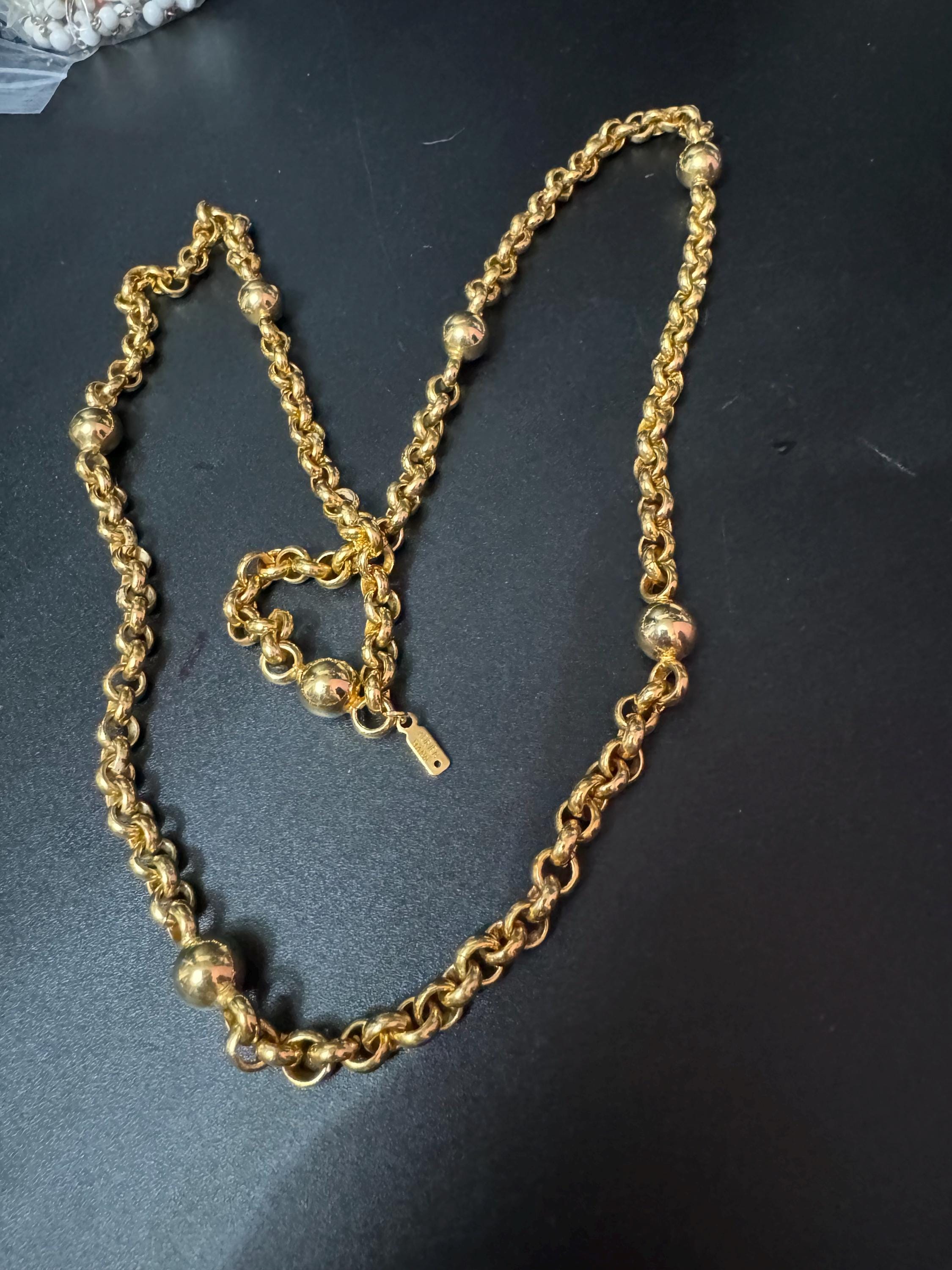 Signed Adrien Mann Retro nice weighty gold tone belcher chain link modernist ball bead station necklace 80cm
