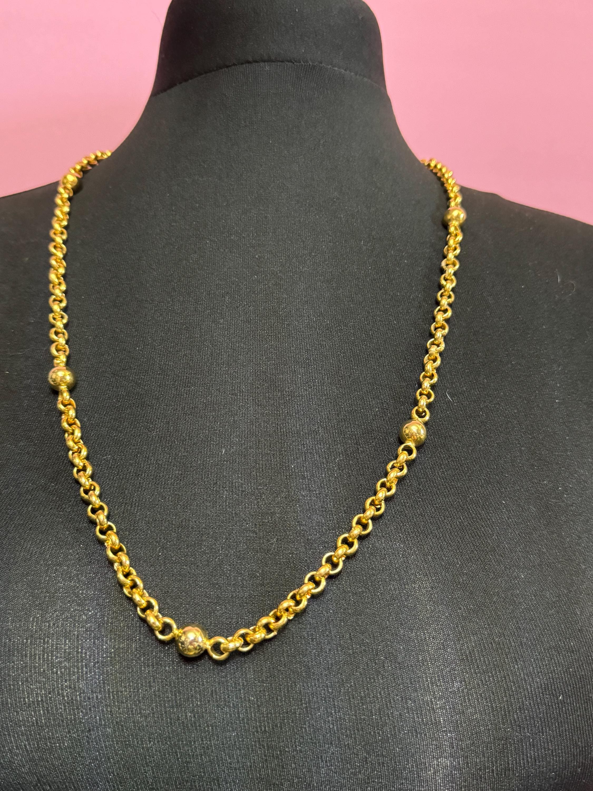 Signed Adrien Mann Retro nice weighty gold tone belcher chain link modernist ball bead station necklace 80cm